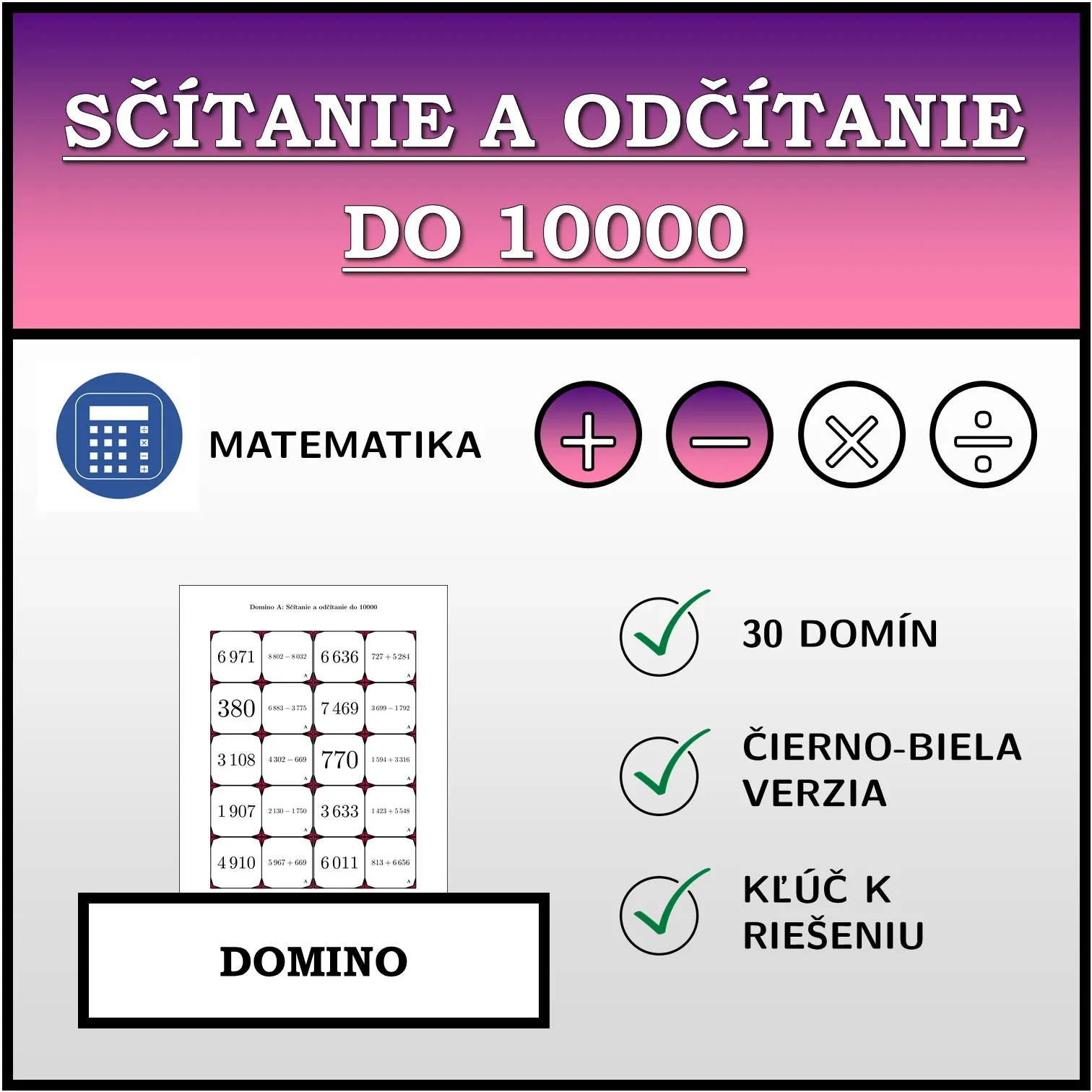 Domino: Sčítanie a odčítanie do 10000