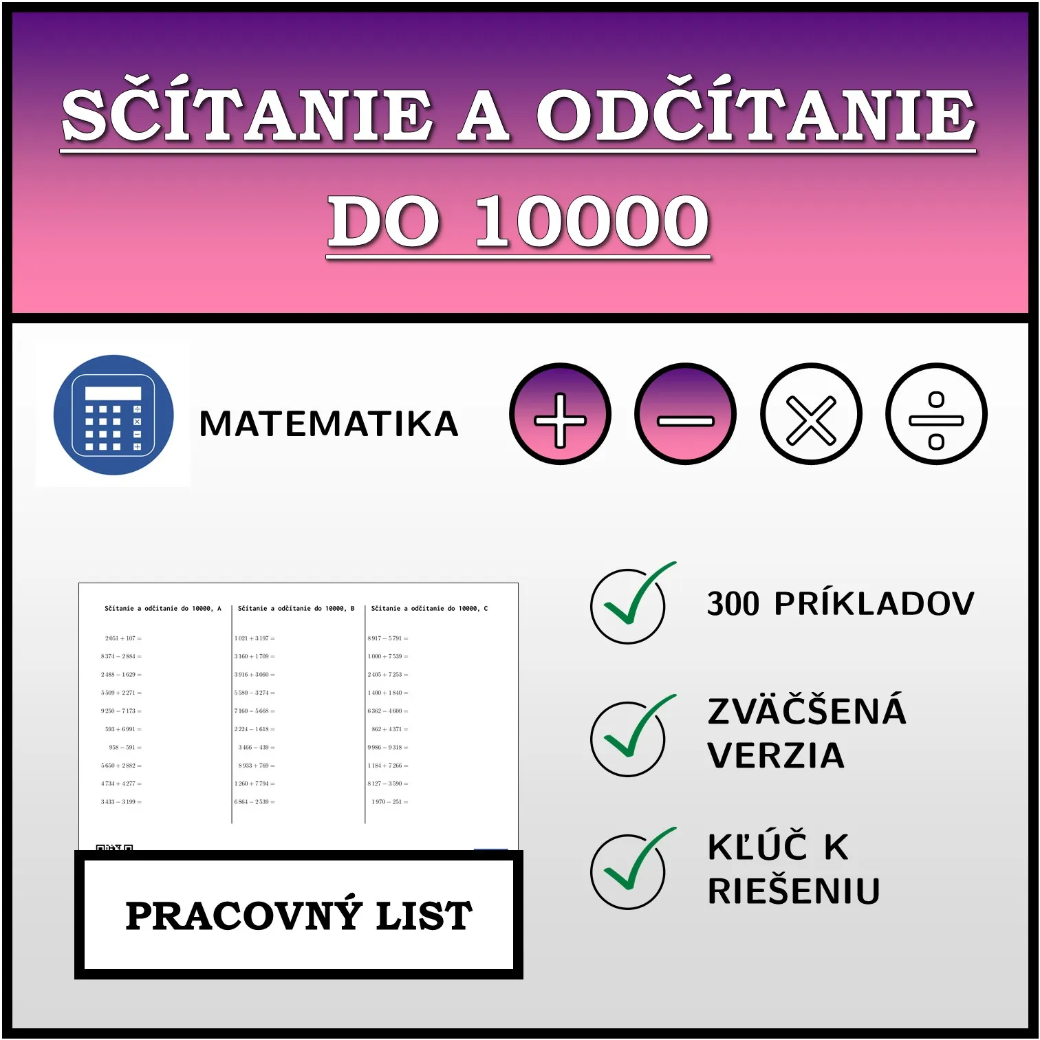 Pracovný list: Sčítanie a odčítanie do 10000
