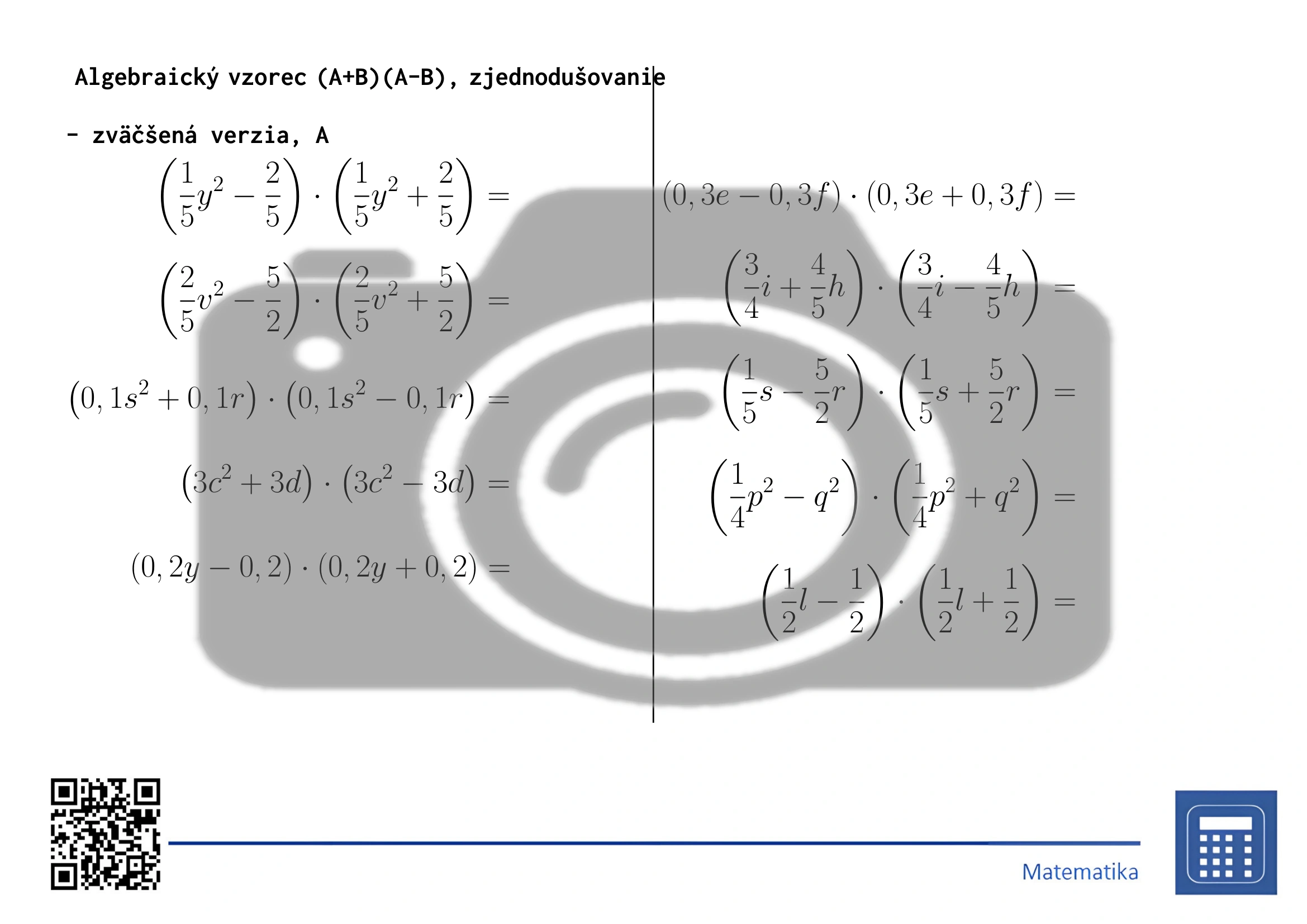 Pracovný list: Algebraický vzorec (A+B)(A-B), zjednodušovanie – Obrázok 3