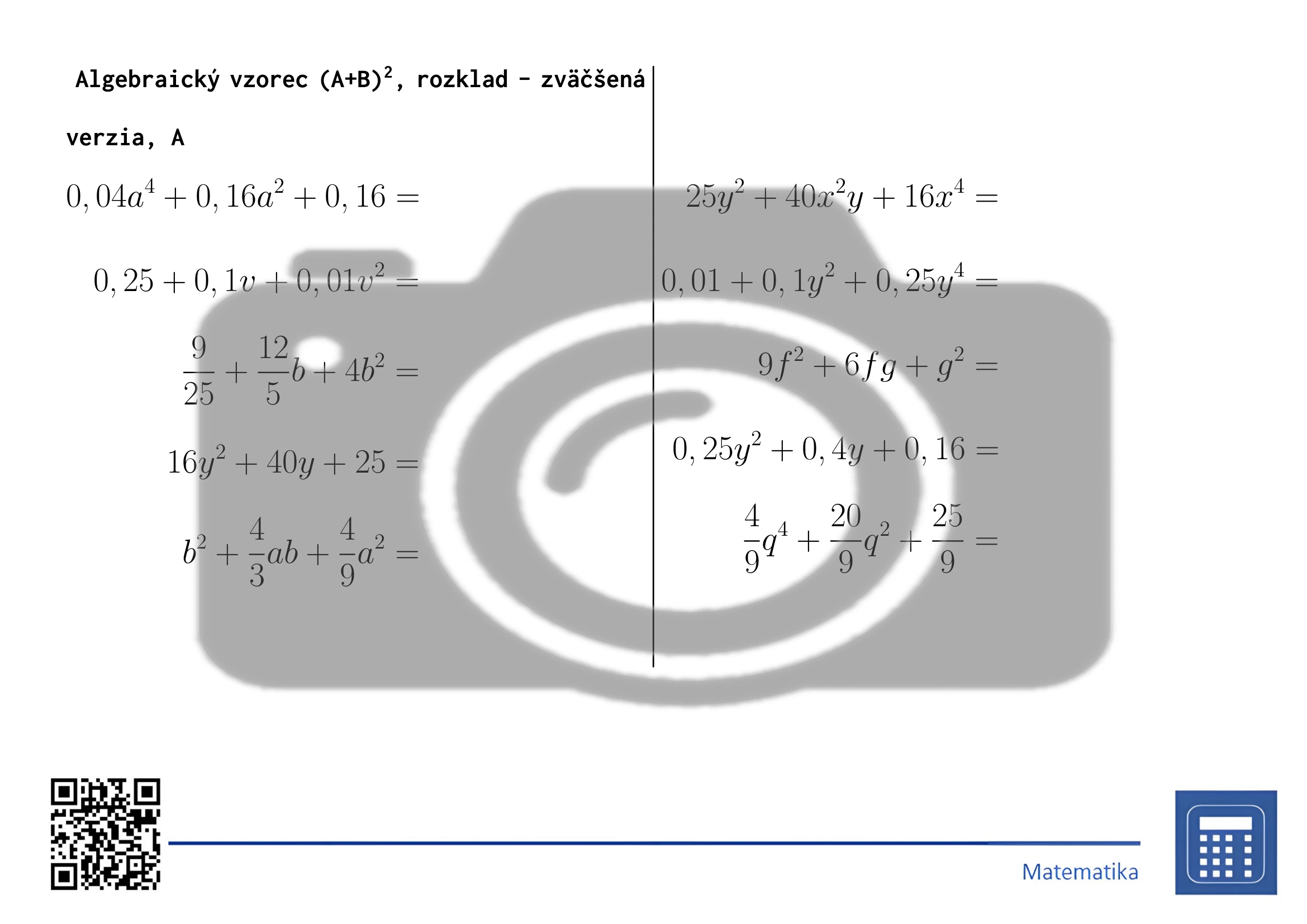Pracovný list: Algebraický vzorec (A+B)², rozklad – Obrázok 3