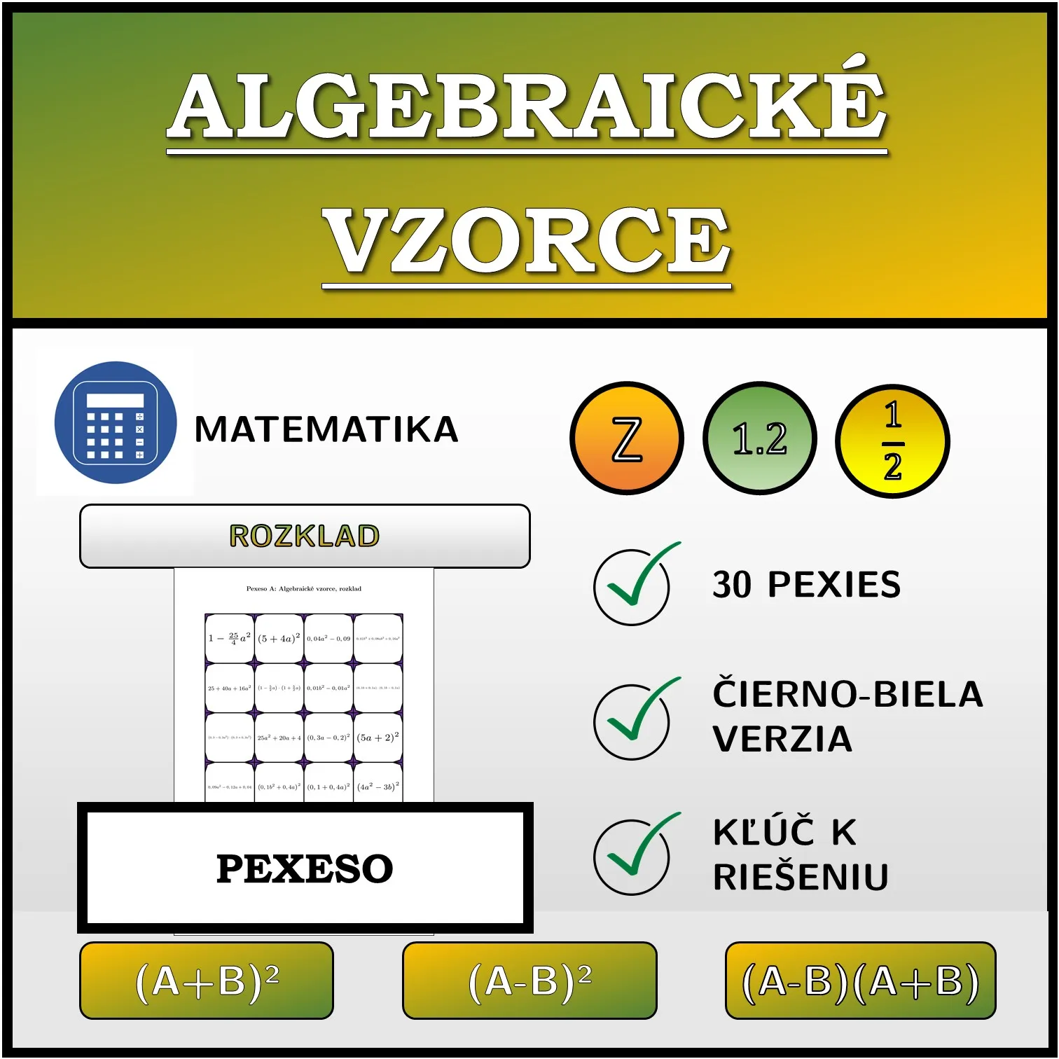 Pexeso: Algebraické vzorce, rozklad