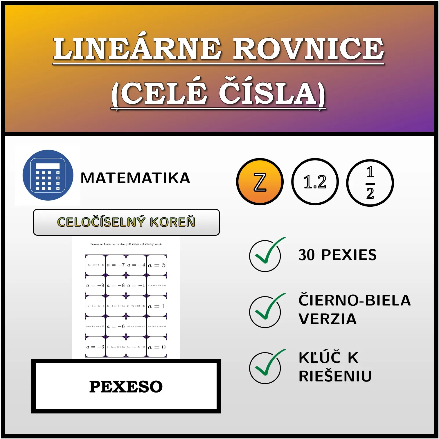 Pexeso: Lineárne rovnice (celé čísla), celočíselný koreň