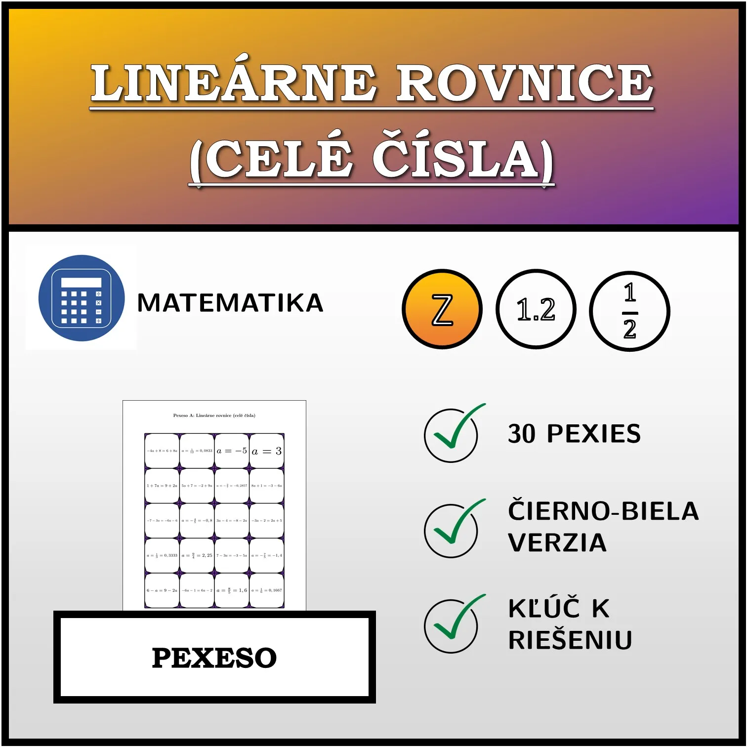 Pexeso: Lineárne rovnice (celé čísla)