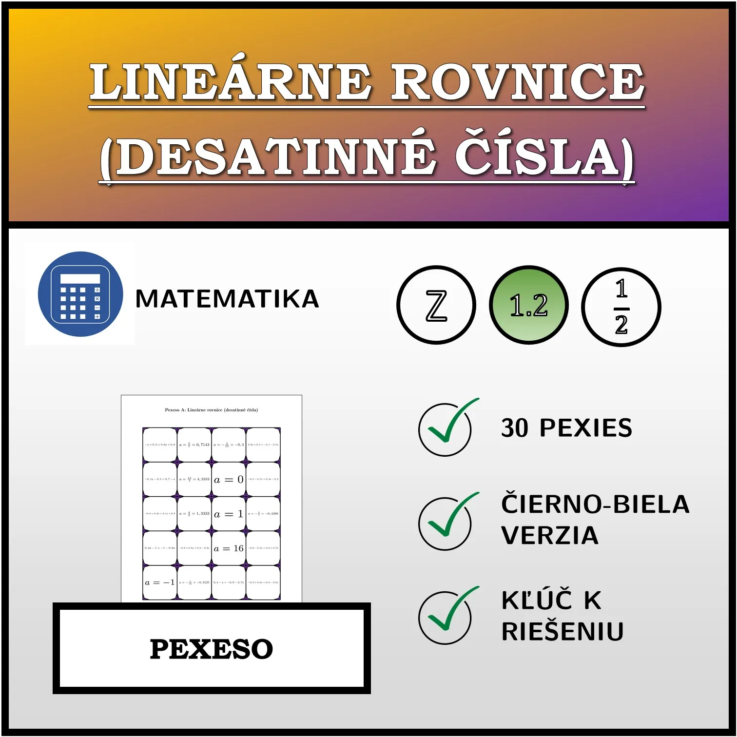 Pexeso: Lineárne rovnice (desatinné čísla)