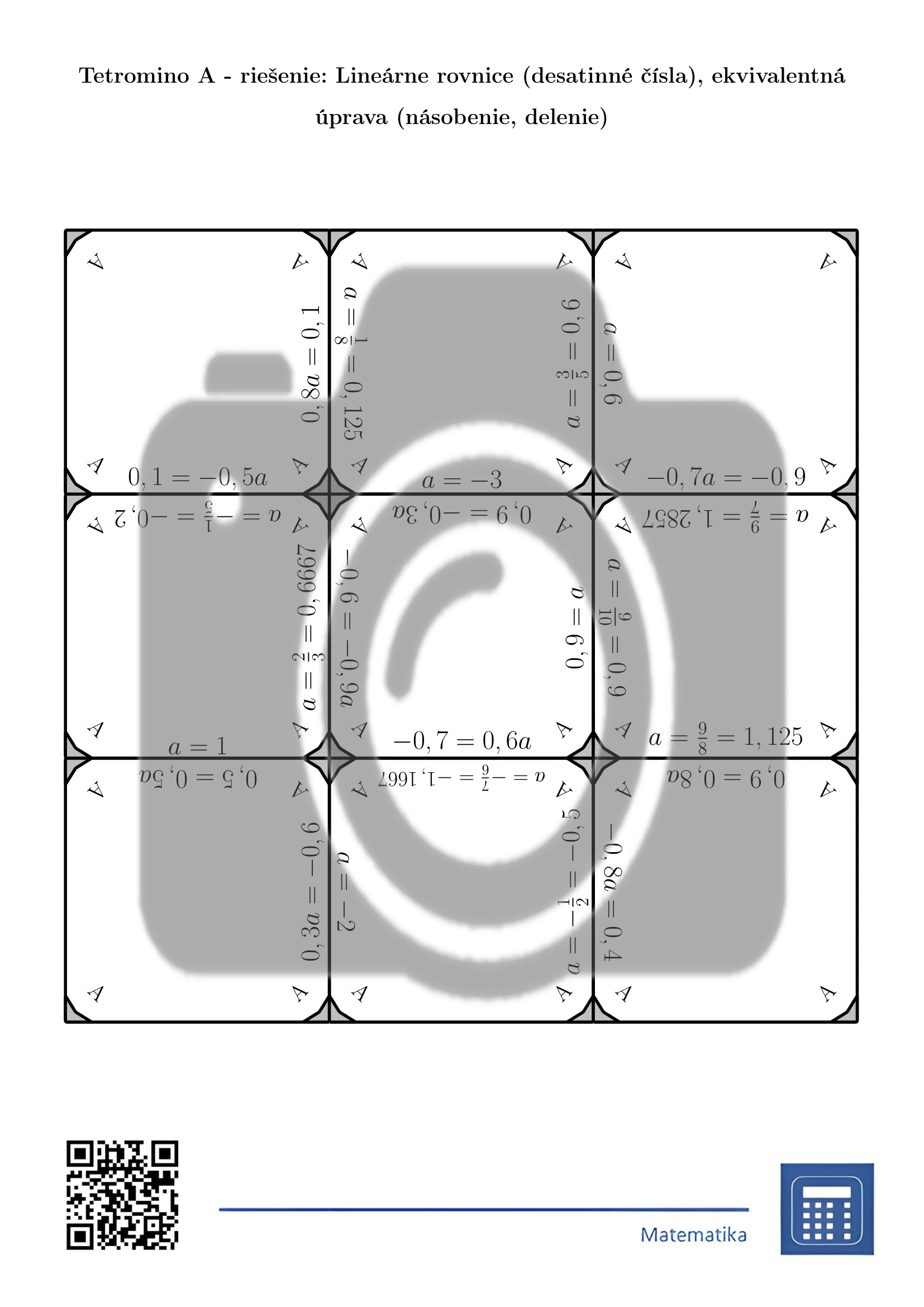Tetromino: Lineárne rovnice (desatinné čísla), ekvivalentná úprava (násobenie, delenie) – Obrázok 4
