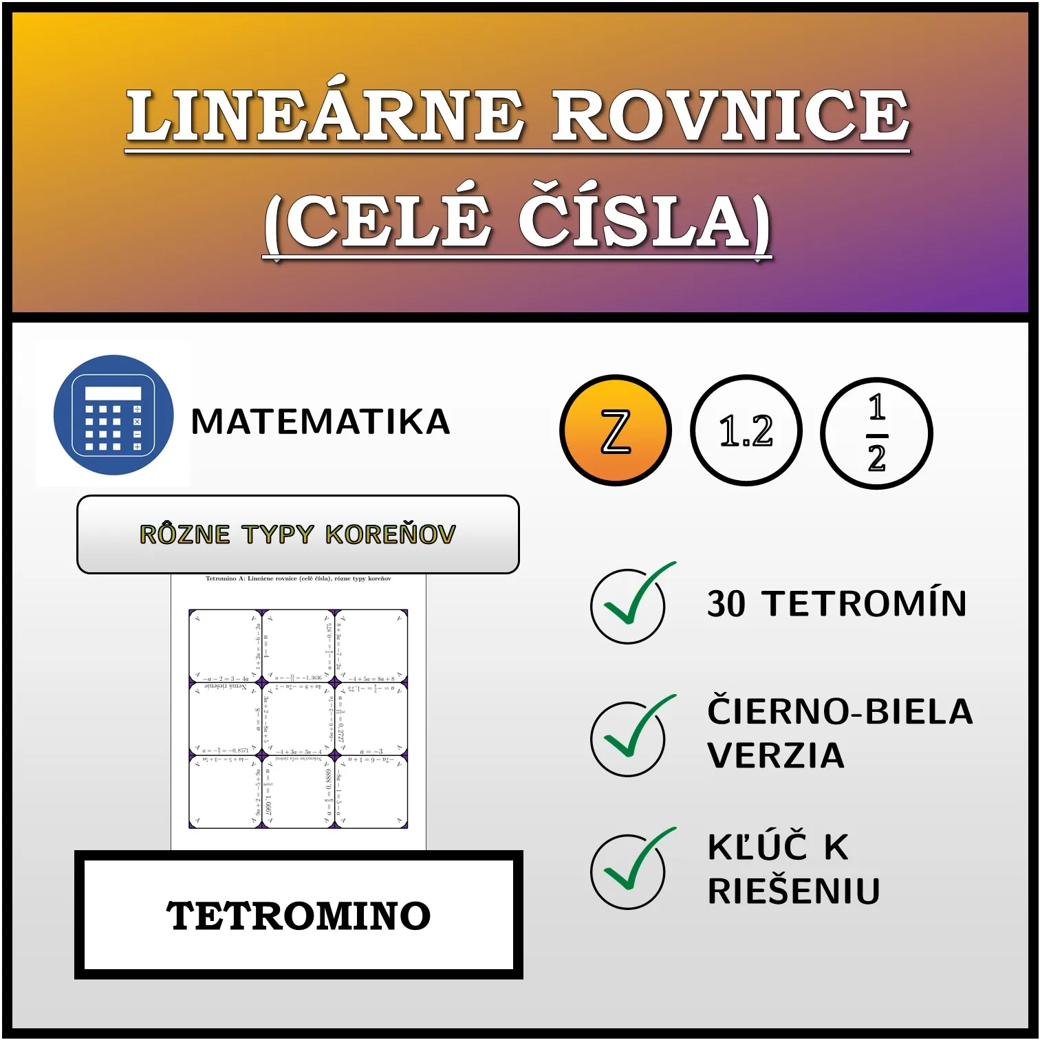 Tetromino: Lineárne rovnice (celé čísla), rôzne typy koreňov