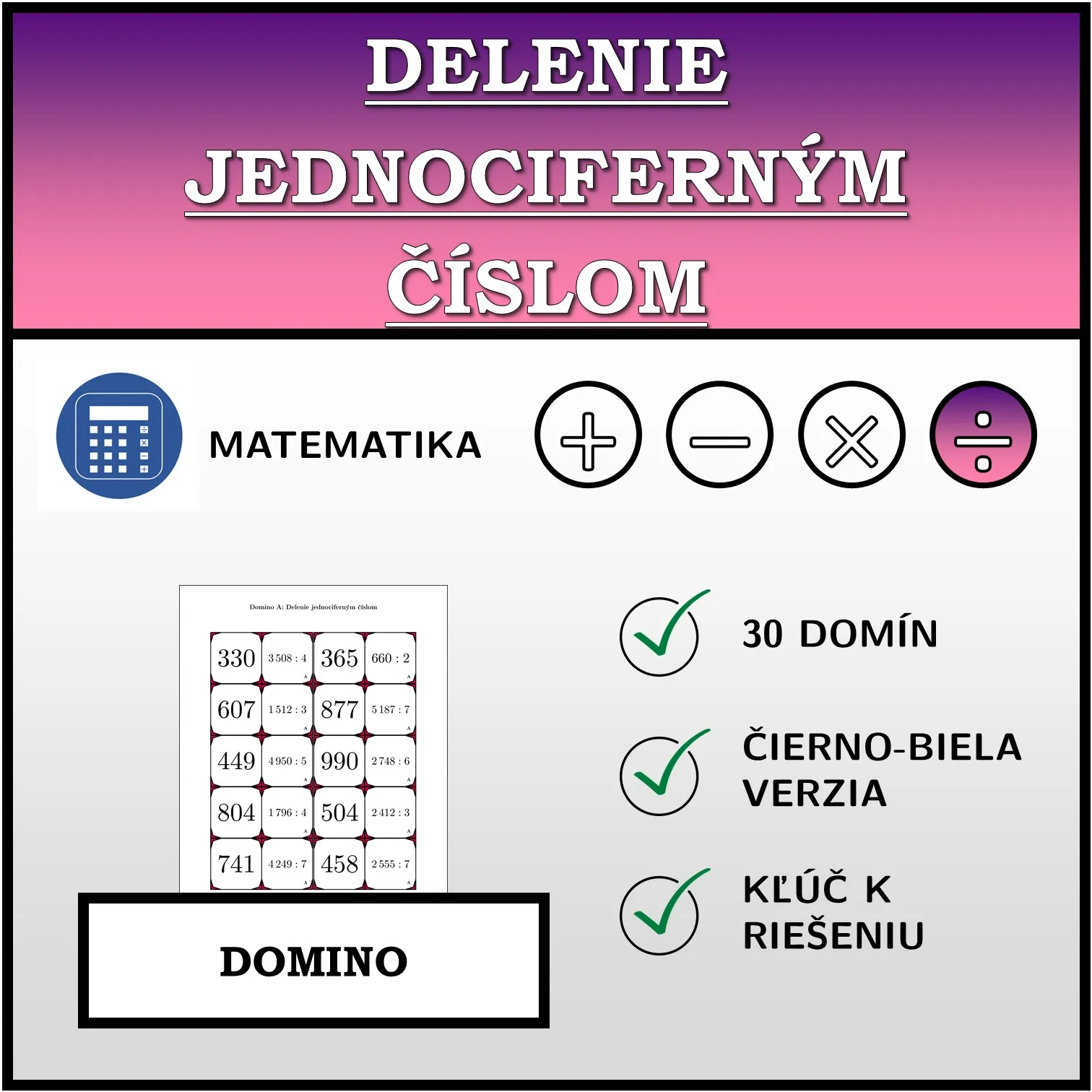 Domino: Delenie jednociferným číslom