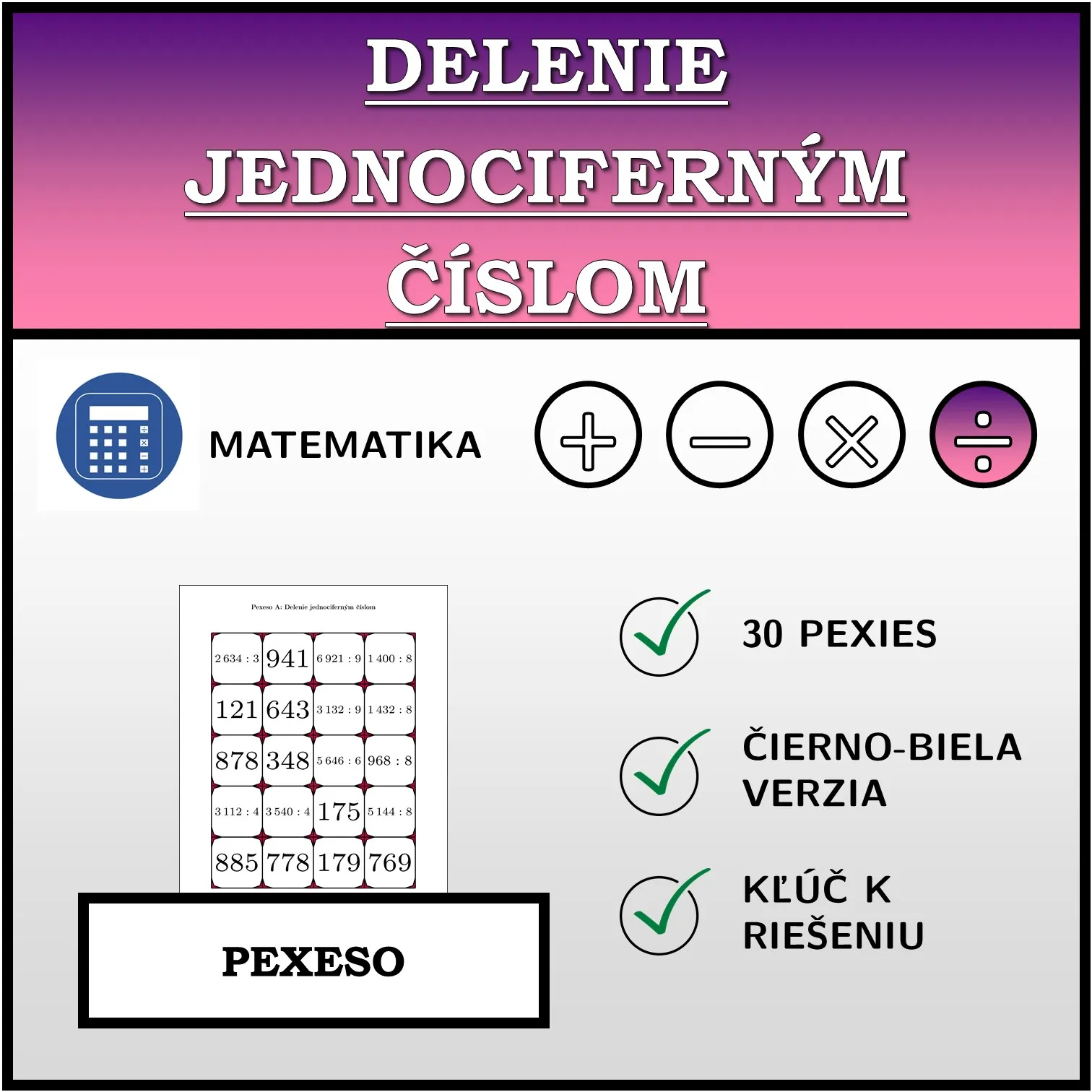 Pexeso: Delenie jednociferným číslom