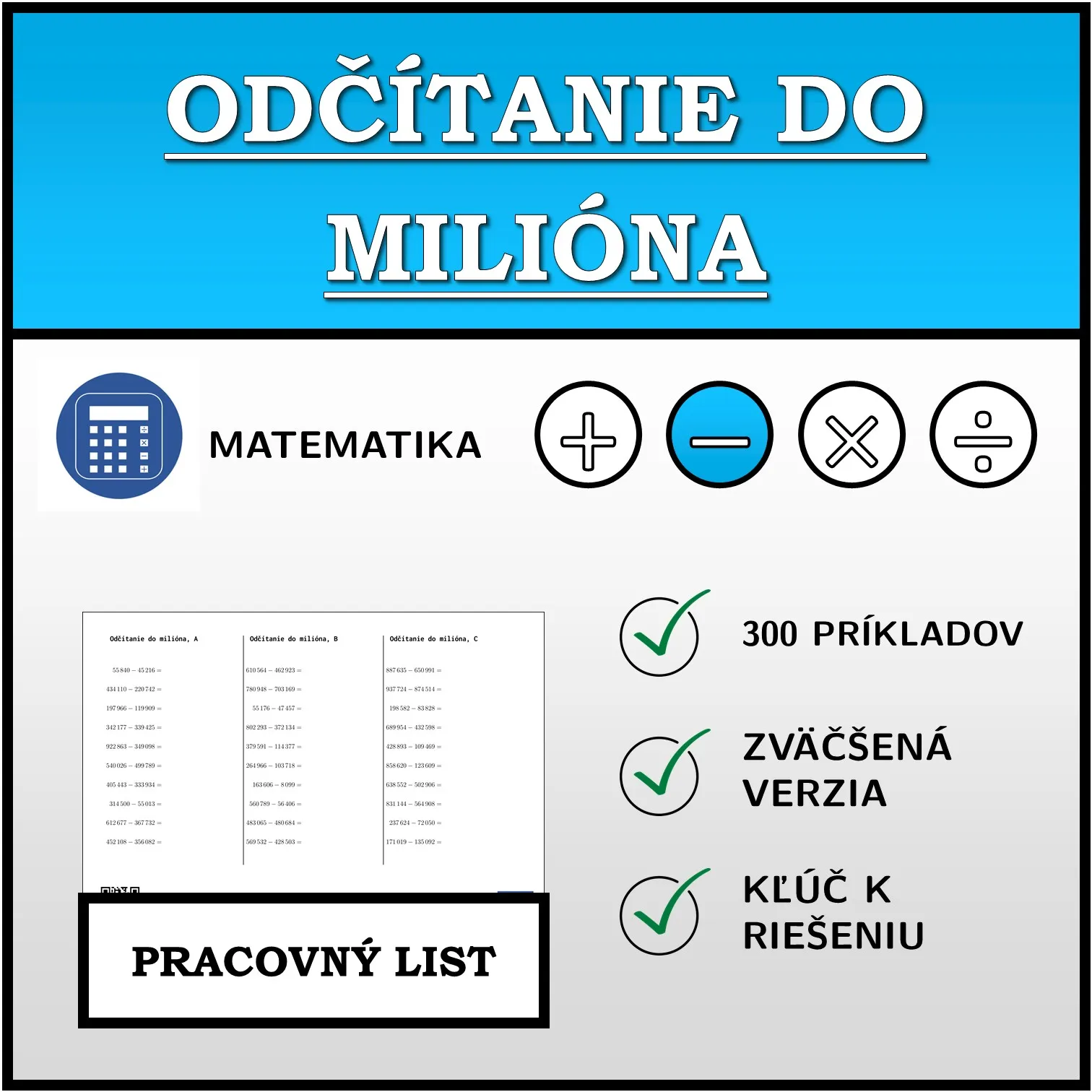 Pracovný list: Odčítanie do milióna