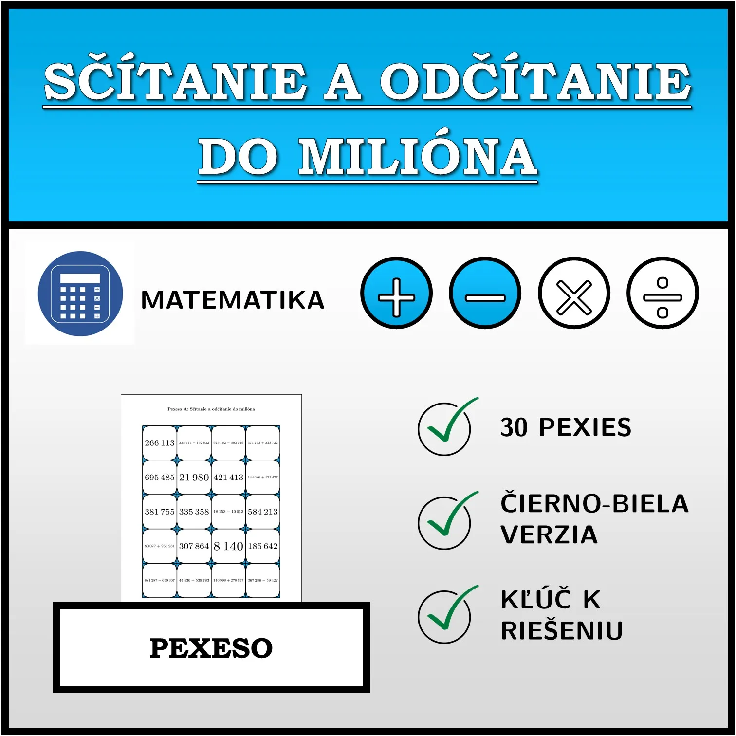 Pexeso: Sčítanie a odčítanie do milióna