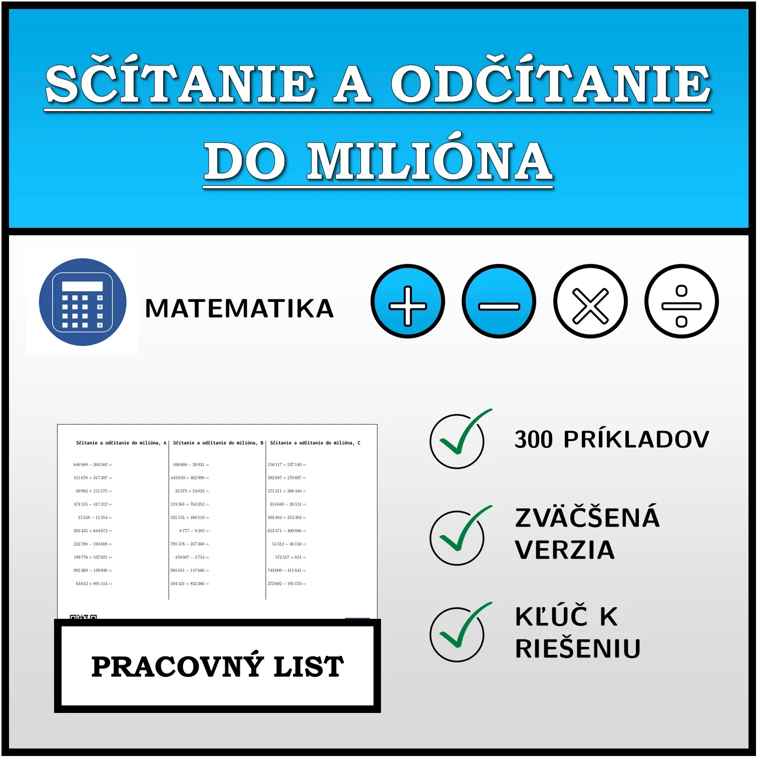 Pracovný list: Sčítanie a odčítanie do milióna