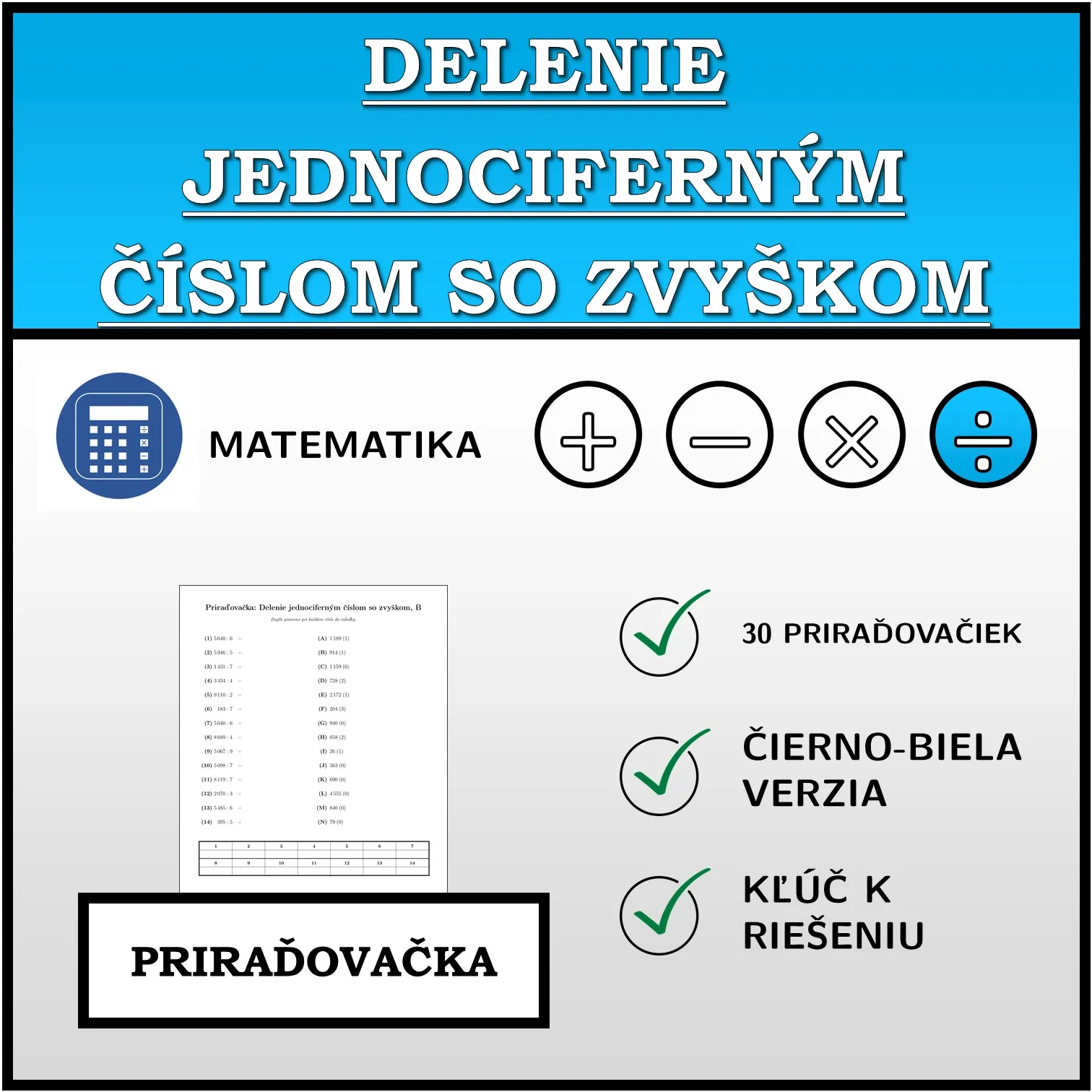 Priraďovačka: Delenie jednociferným číslom so zvyškom
