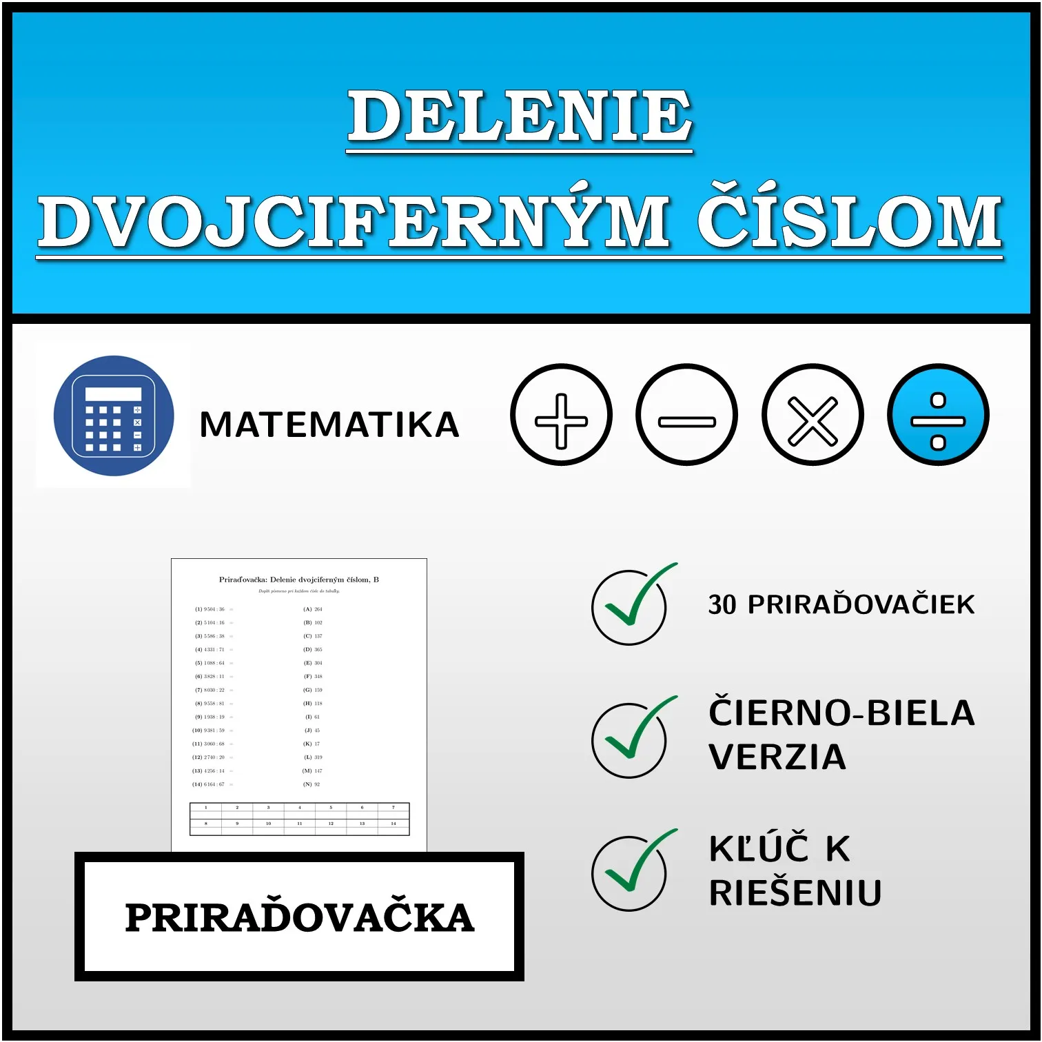 Priraďovačka: Delenie dvojciferným číslom