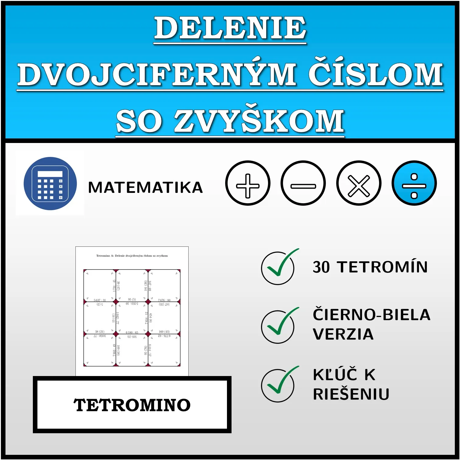 Tetromino: Delenie dvojciferným číslom so zvyškom