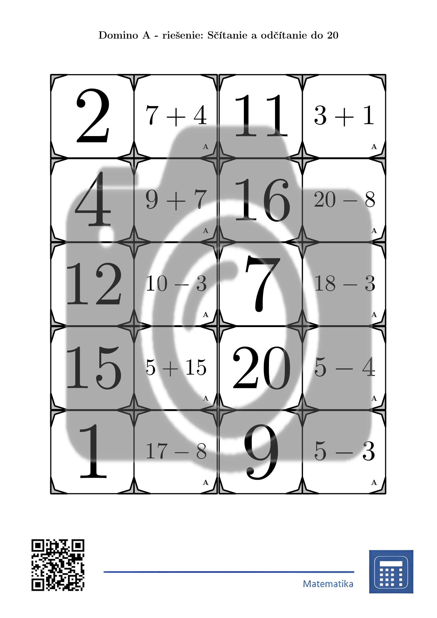 Domino: Sčítanie a odčítanie do 20 – Obrázok 4