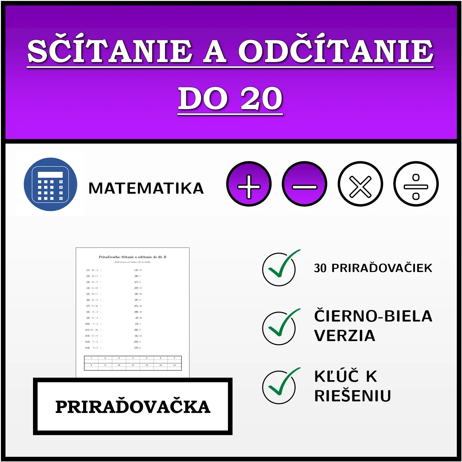 Priraďovačka: Sčítanie a odčítanie do 20