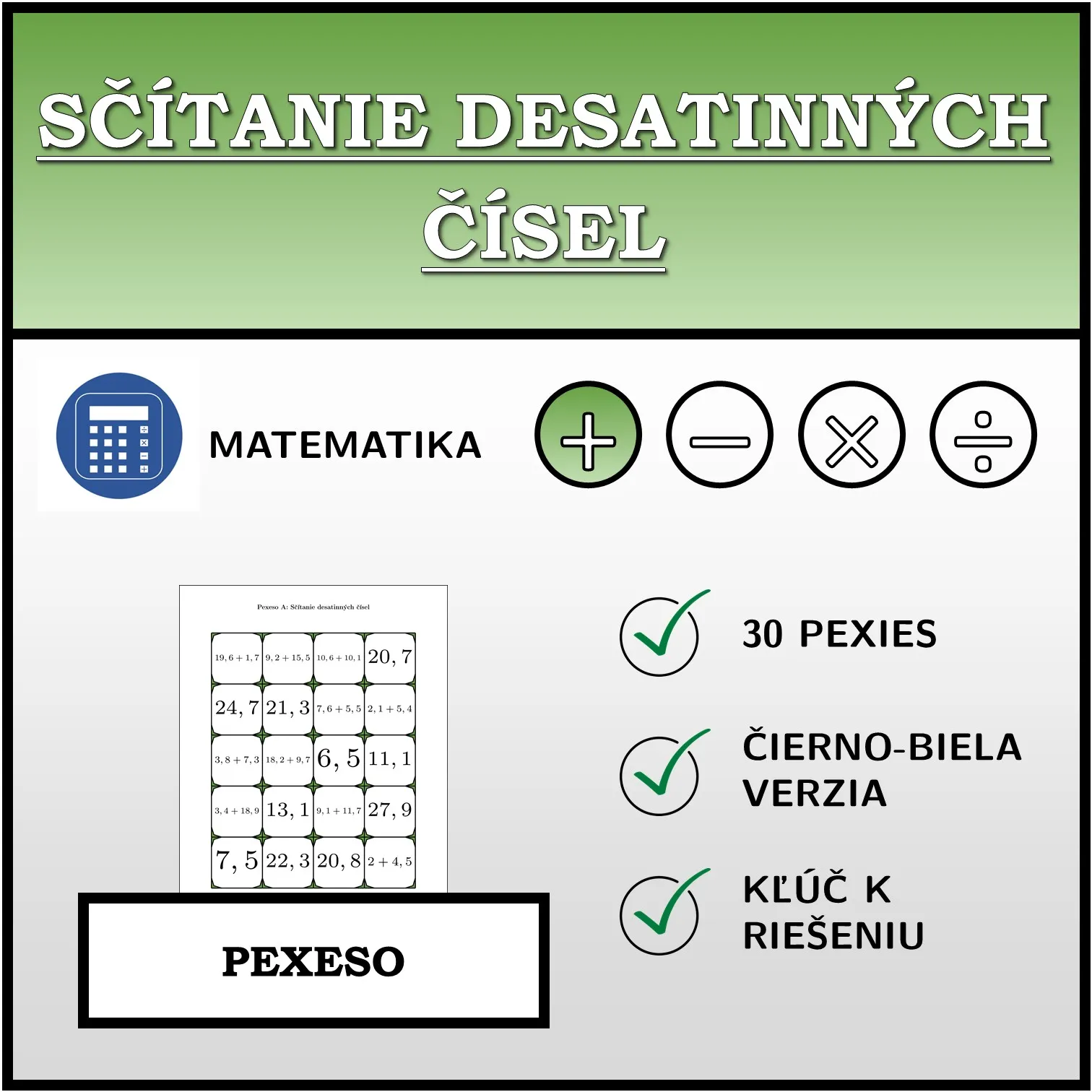 Pexeso: Sčítanie desatinných čísel