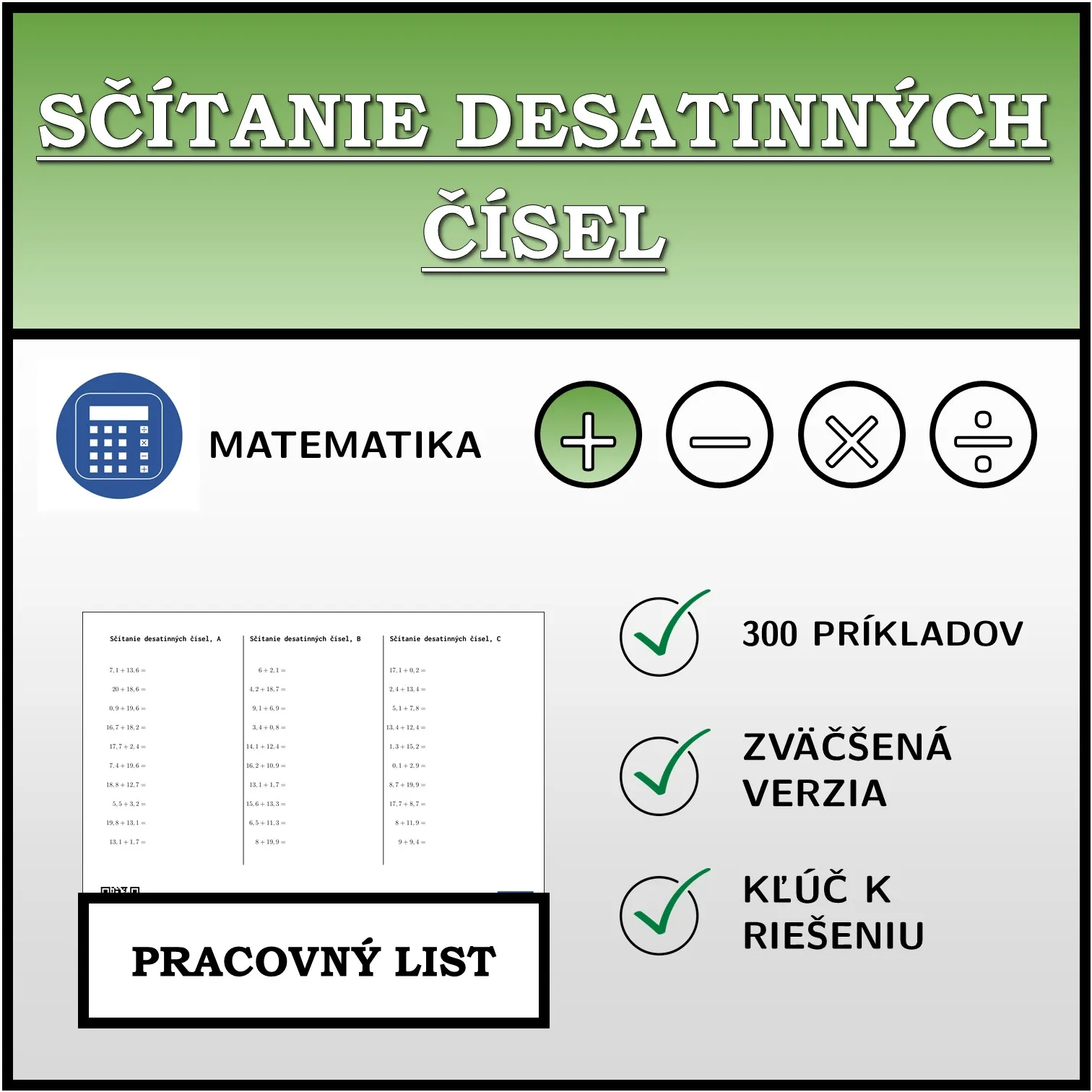 Pracovný list: Sčítanie desatinných čísel