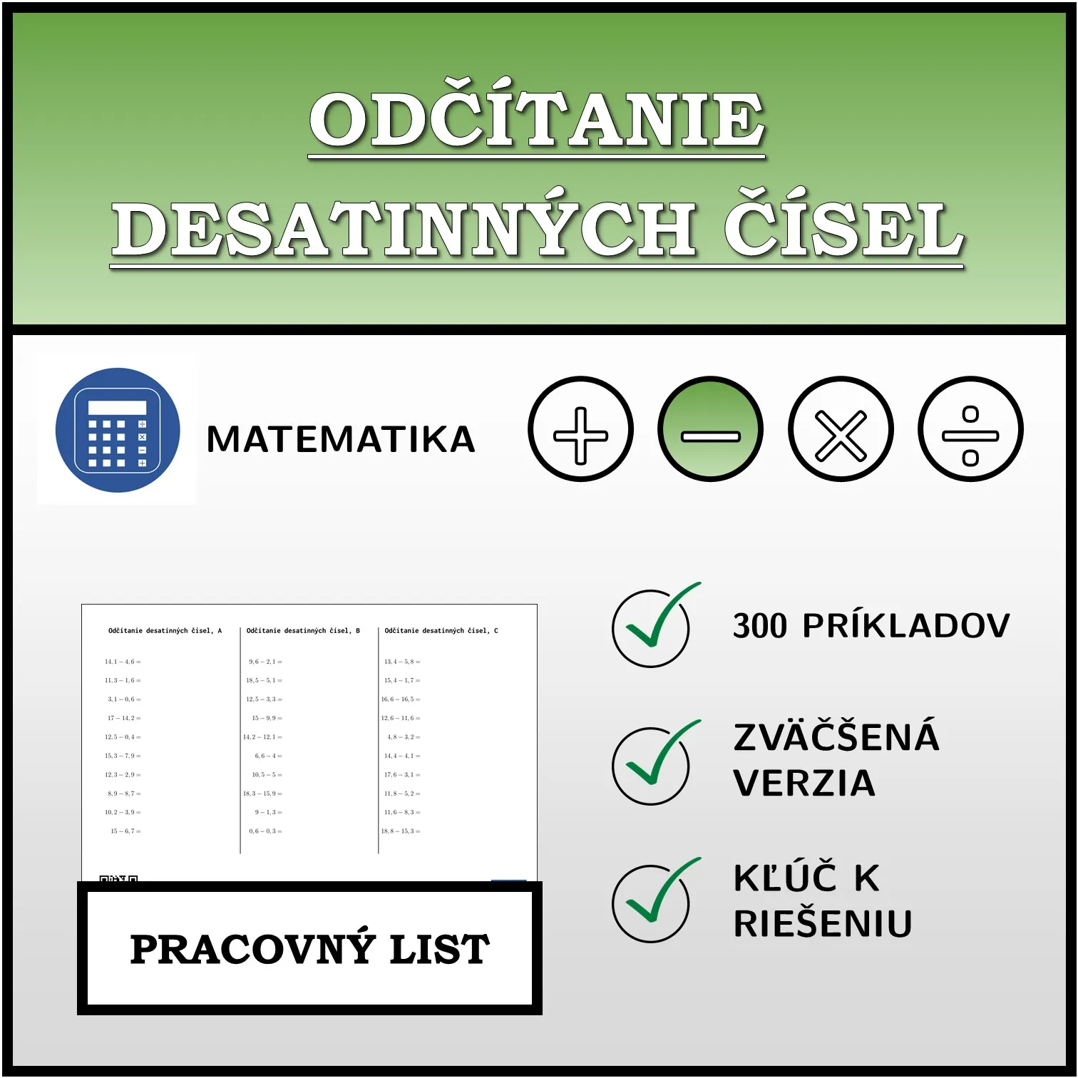 Pracovný list: Odčítanie desatinných čísel
