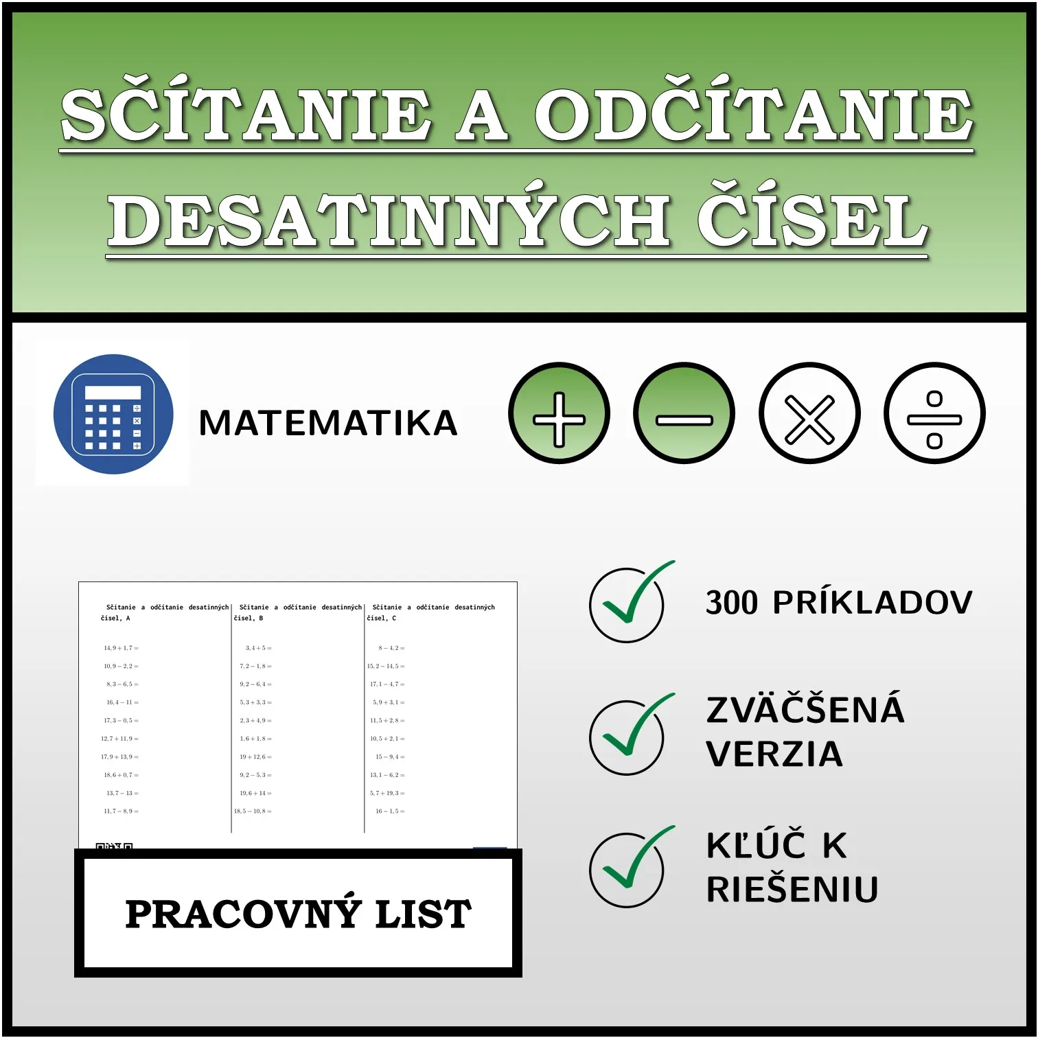 Pracovný list: Sčítanie a odčítanie desatinných čísel