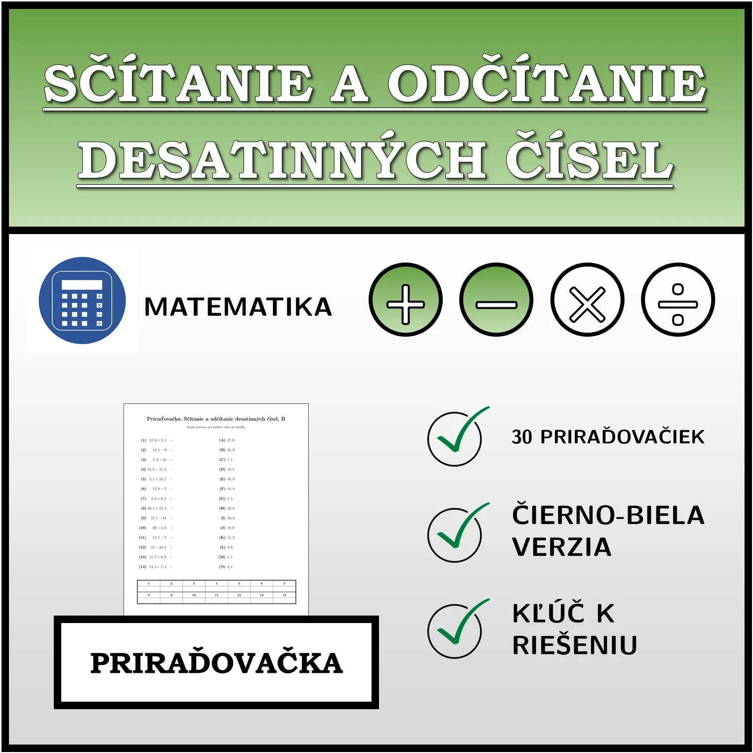 Priraďovačka: Sčítanie a odčítanie desatinných čísel