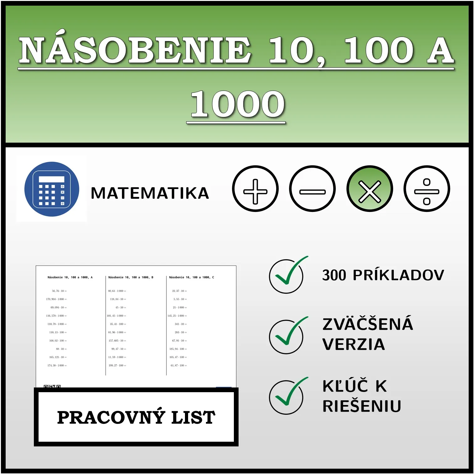 Pracovný list: Násobenie 10, 100 a 1000