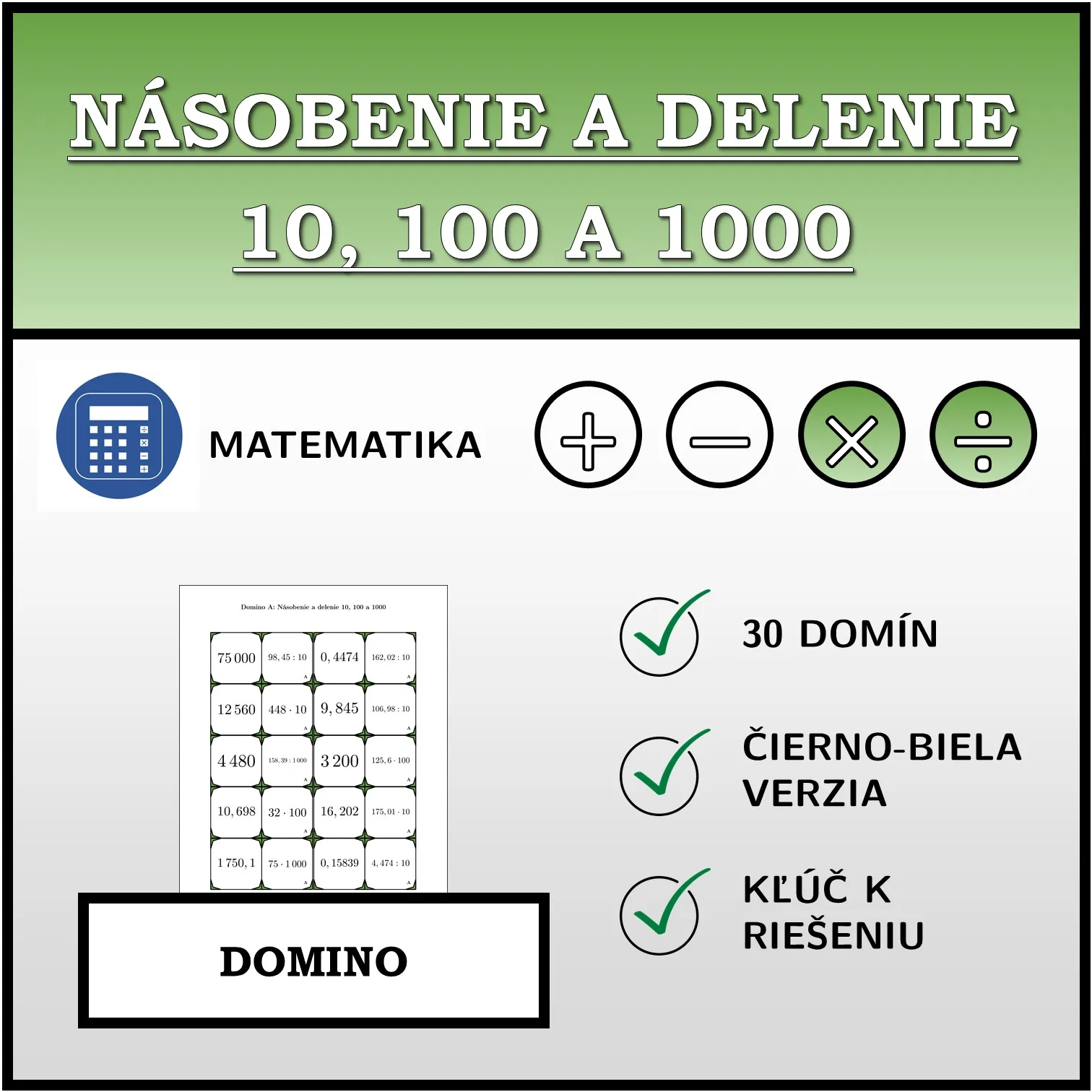 Domino: Násobenie a delenie 10, 100 a 1000