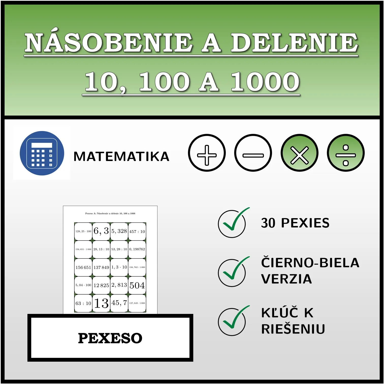 Pexeso: Násobenie a delenie 10, 100 a 1000