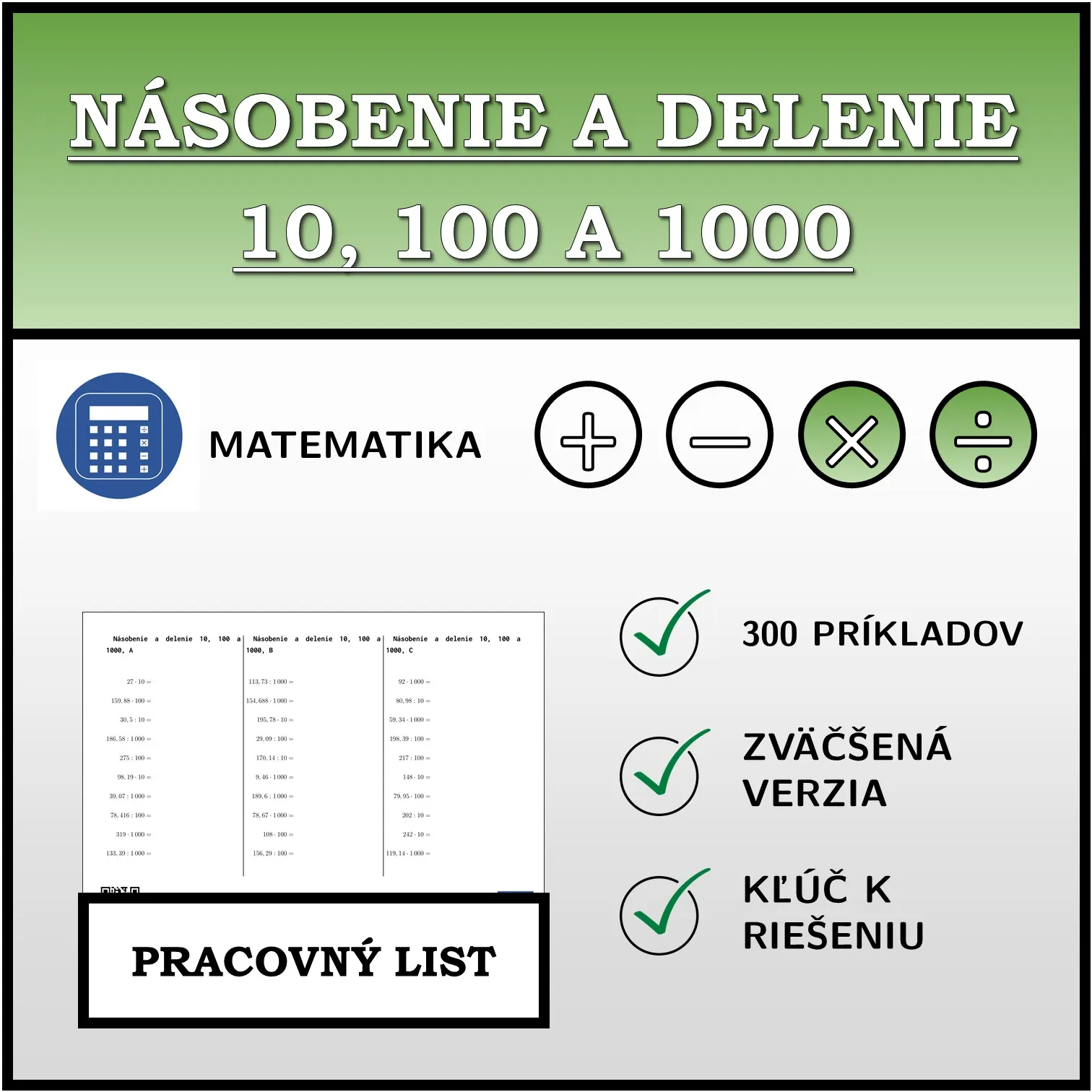 Pracovný list: Násobenie a delenie 10, 100 a 1000