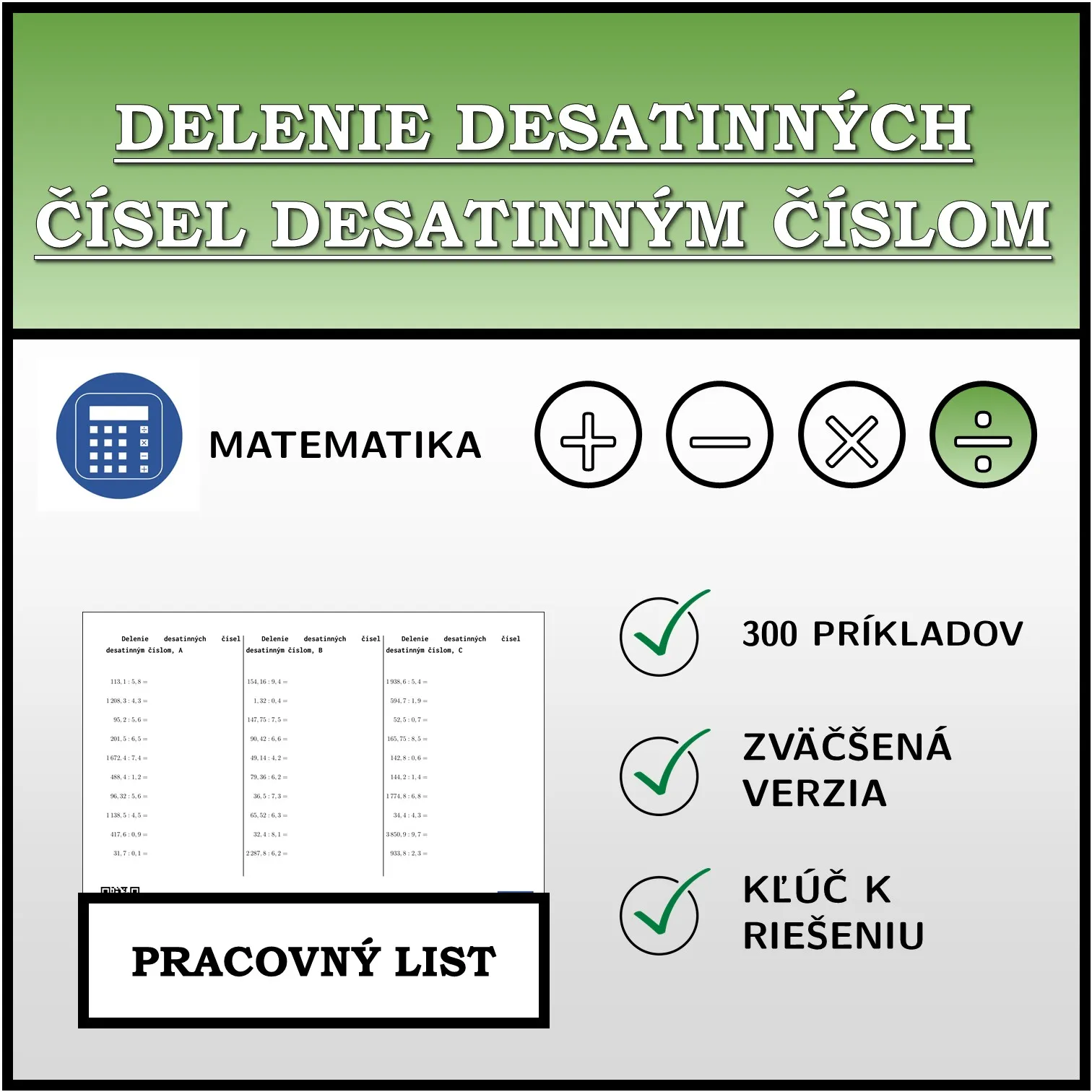 Pracovný list: Delenie desatinných čísel desatinným číslom