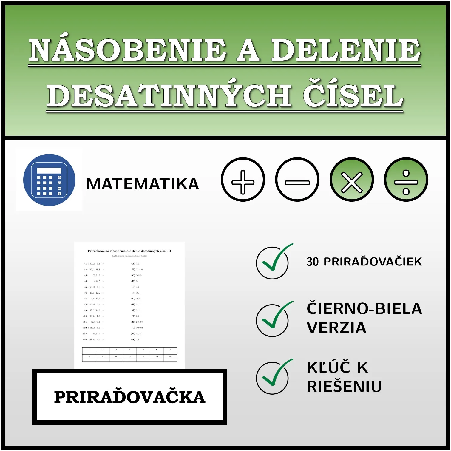 Priraďovačka: Násobenie a delenie desatinných čísel