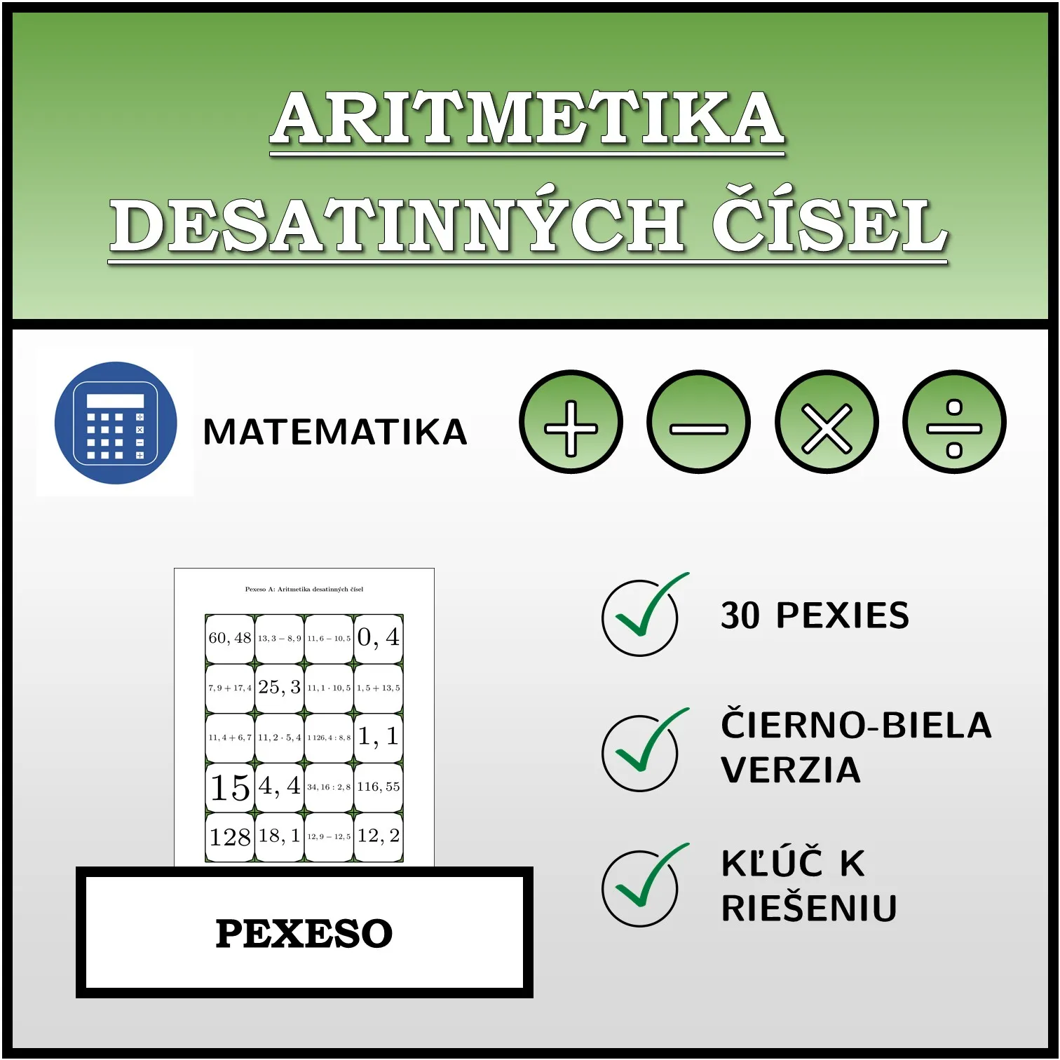 Pexeso: Aritmetika desatinných čísel