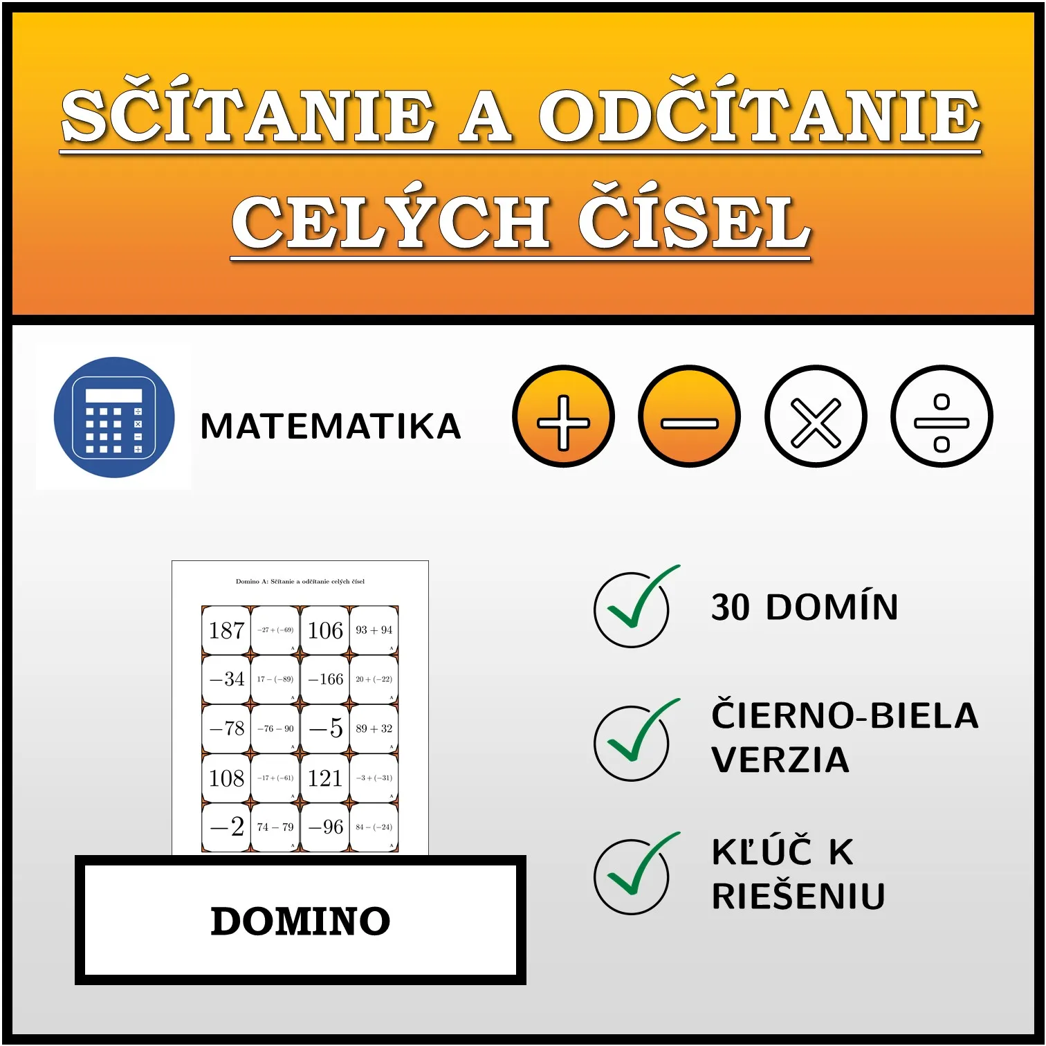 Domino: Sčítanie a odčítanie celých čísel