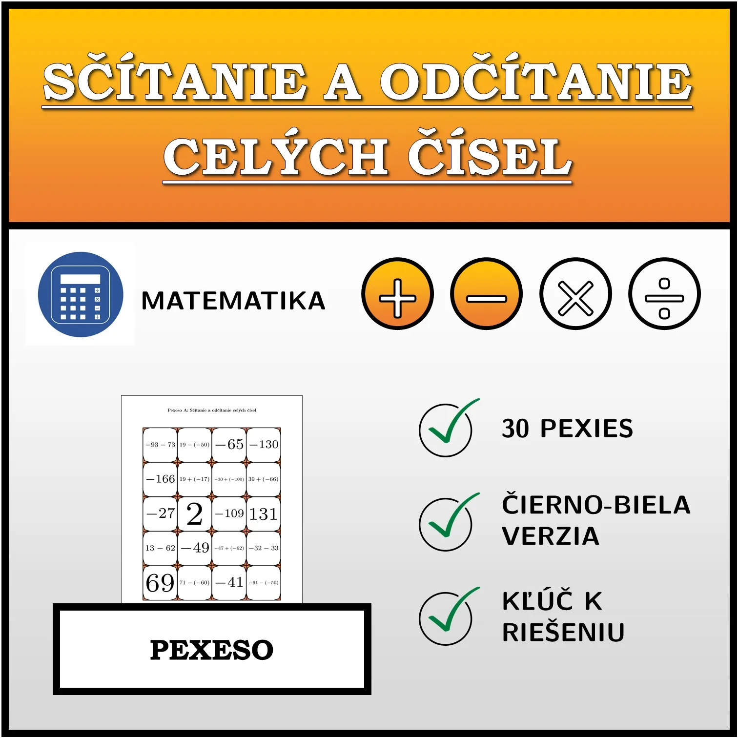 Pexeso: Sčítanie a odčítanie celých čísel