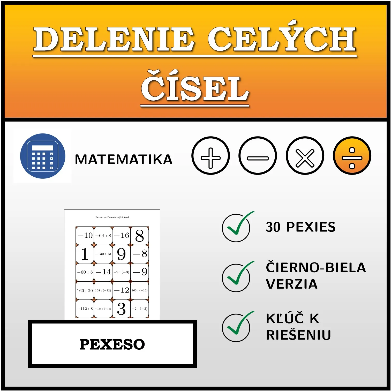Pexeso: Delenie celých čísel