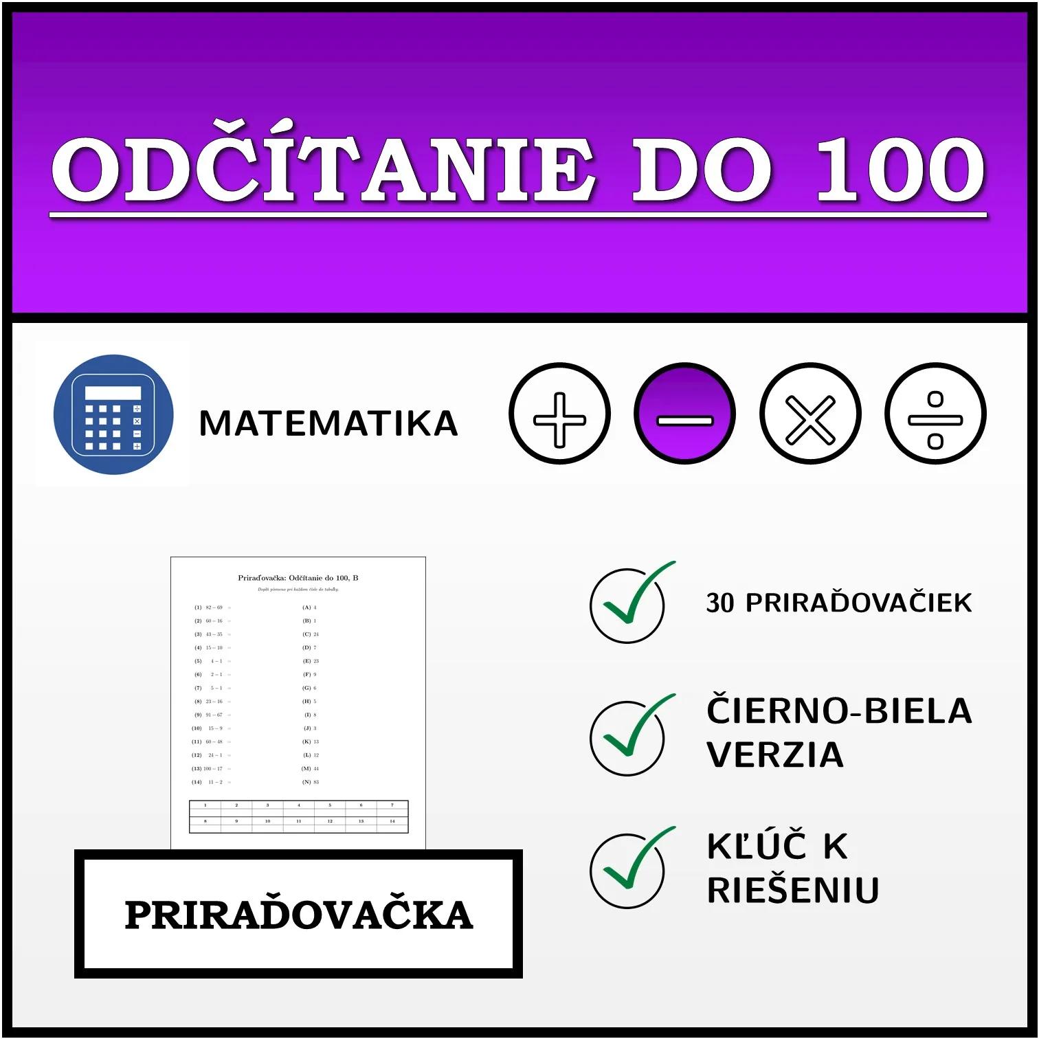 Priraďovačka: Odčítanie do 100