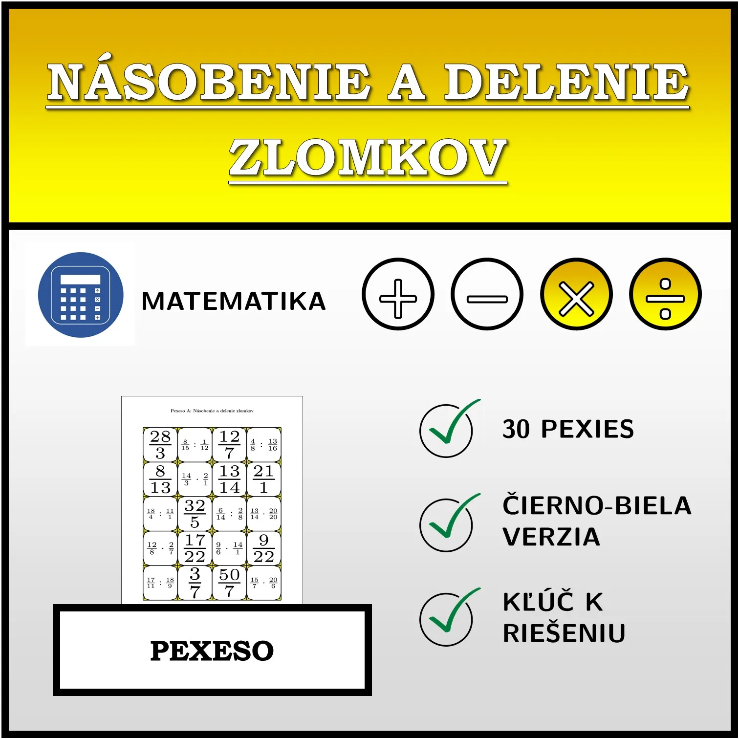 Pexeso: Násobenie a delenie zlomkov