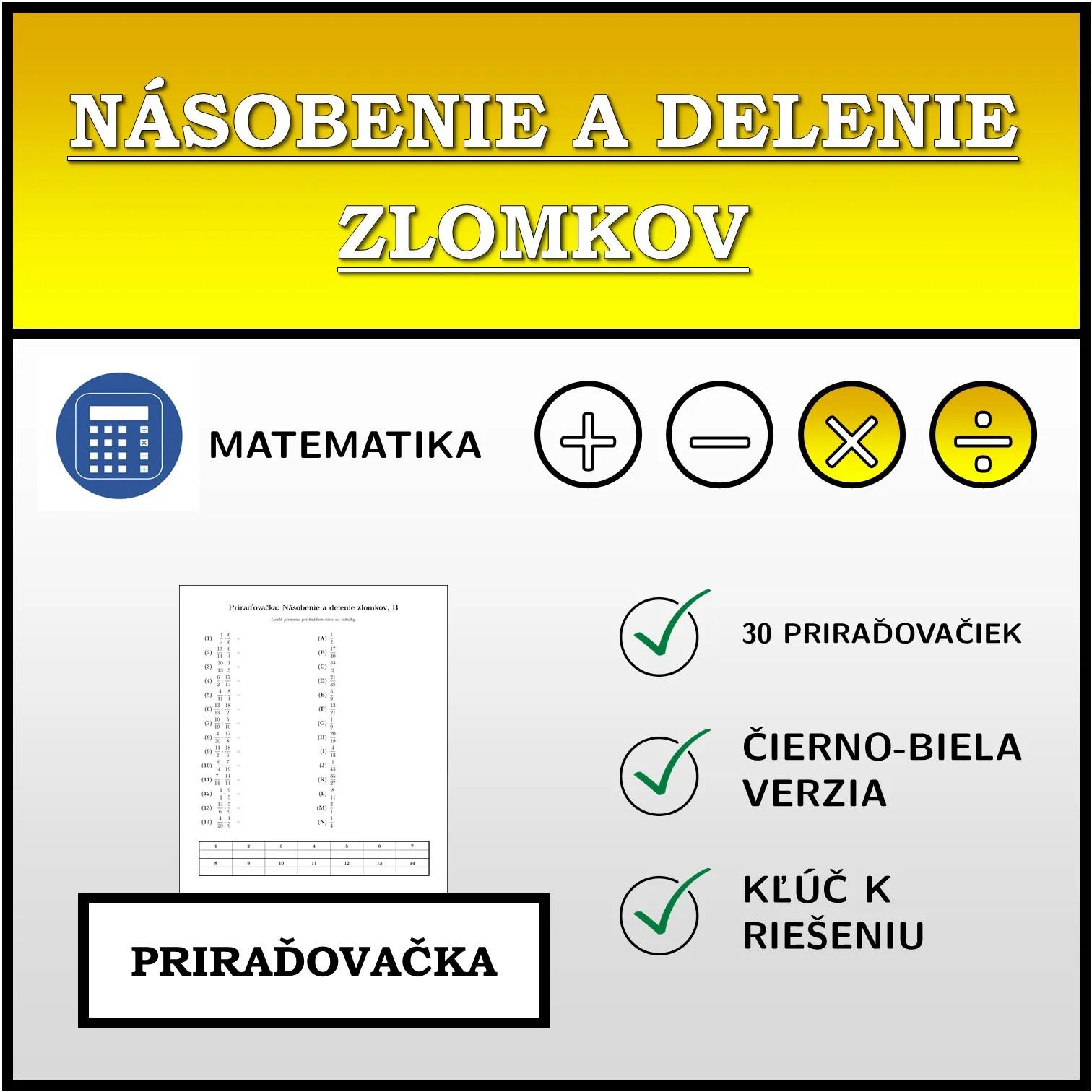 Priraďovačka: Násobenie a delenie zlomkov