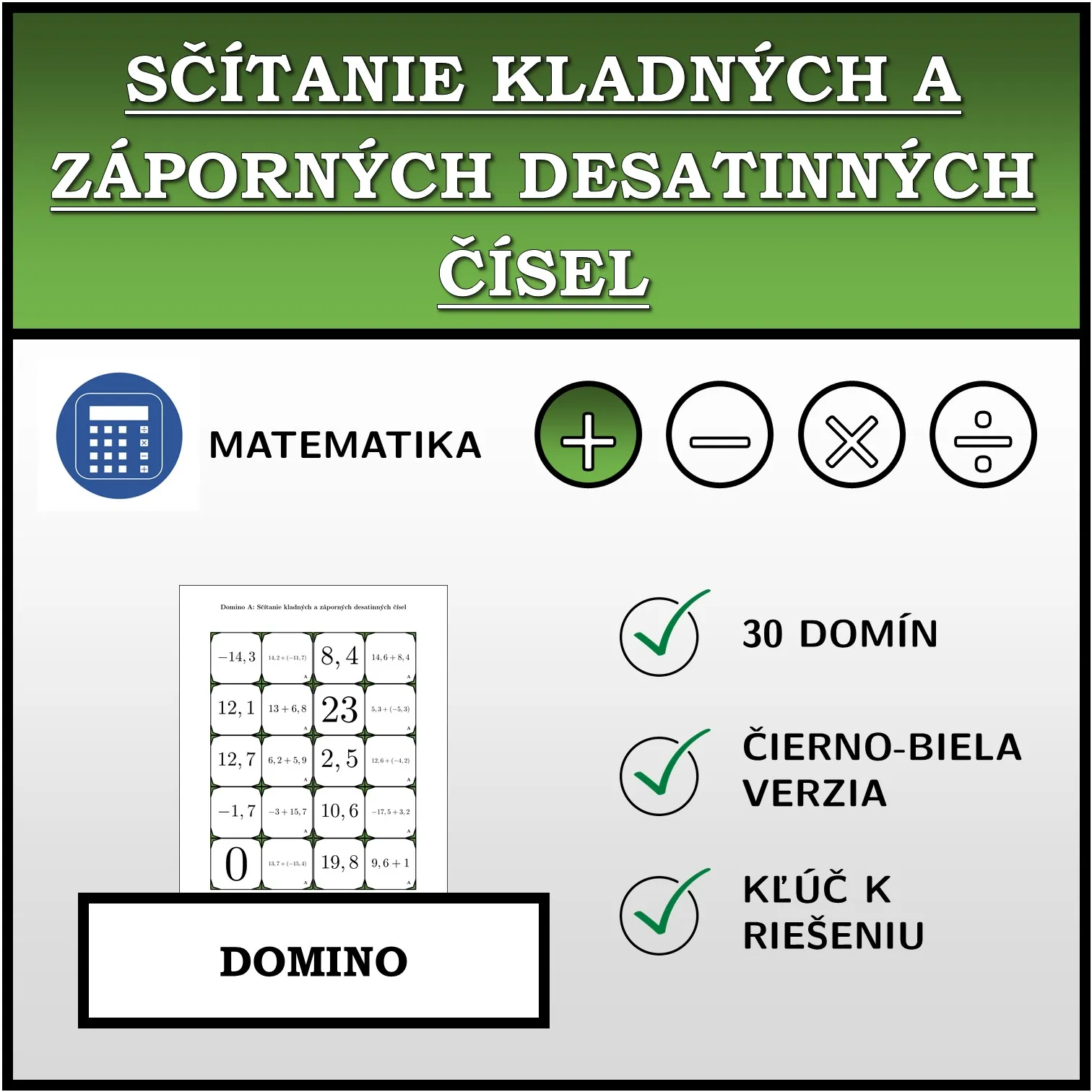 Domino: Sčítanie kladných a záporných desatinných čísel
