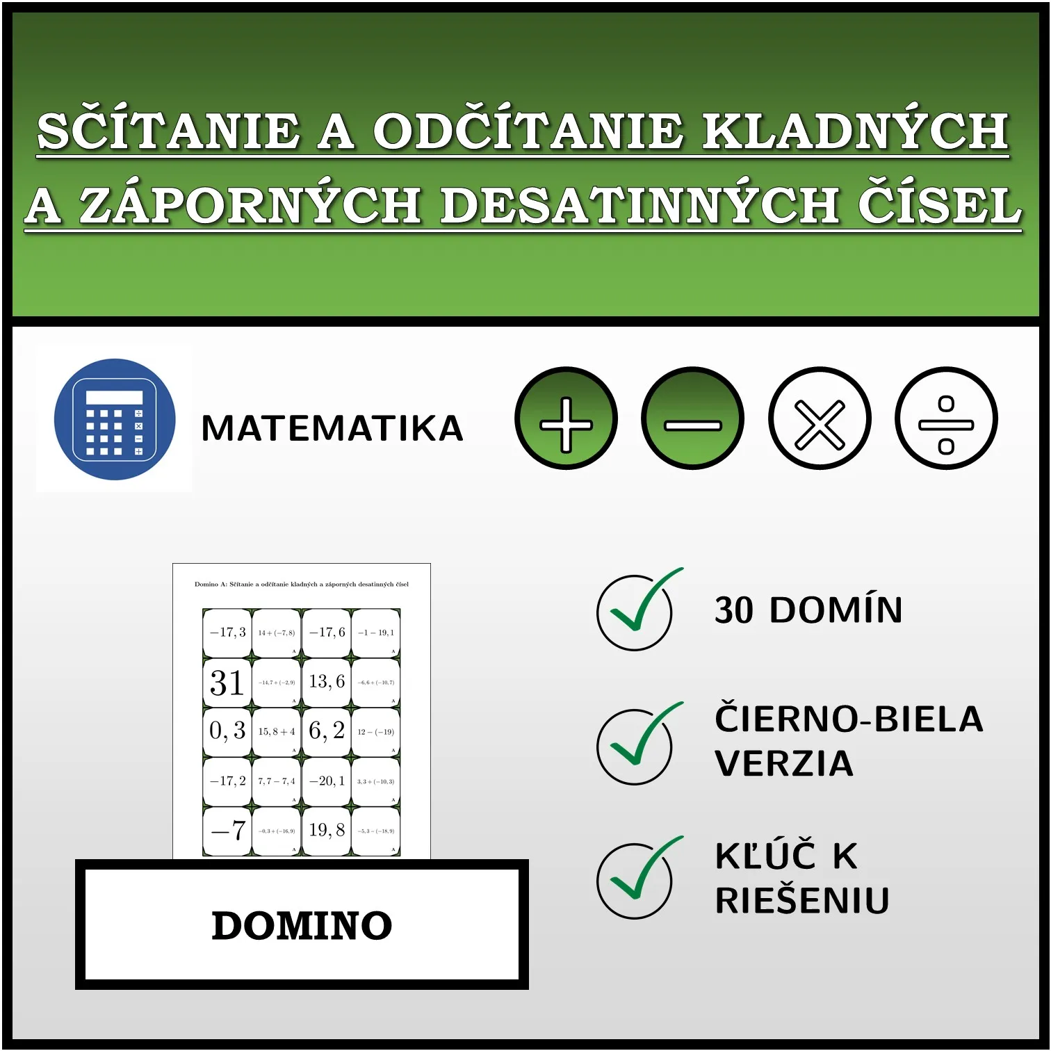 Domino: Sčítanie a odčítanie kladných a záporných desatinných čísel