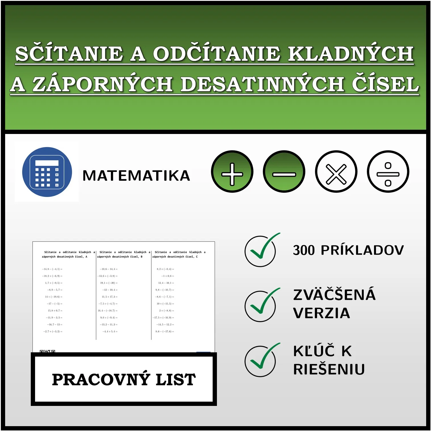 Pracovný list: Sčítanie a odčítanie kladných a záporných desatinných čísel