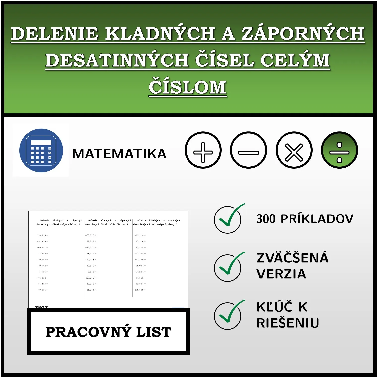 Pracovný list: Delenie kladných a záporných desatinných čísel celým číslom