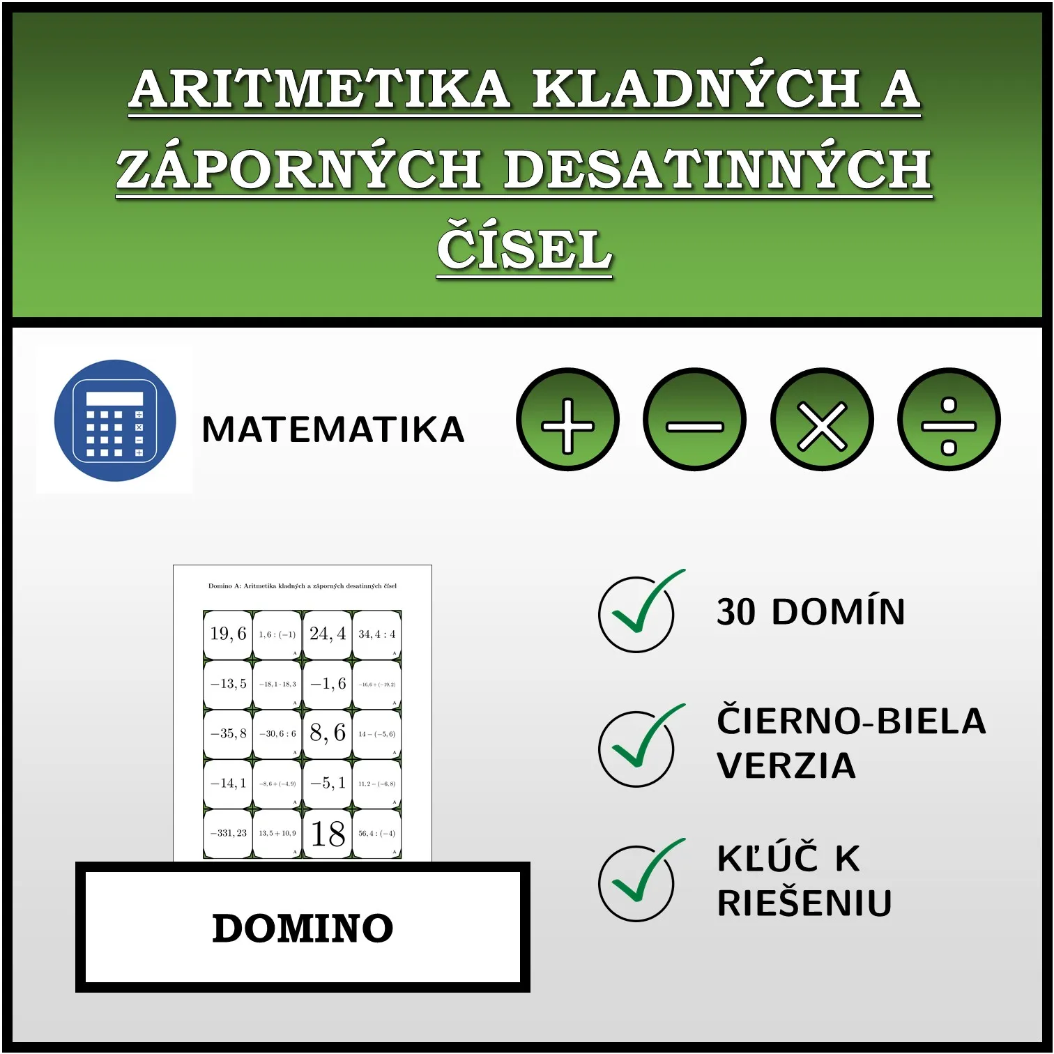 Domino: Aritmetika kladných a záporných desatinných čísel