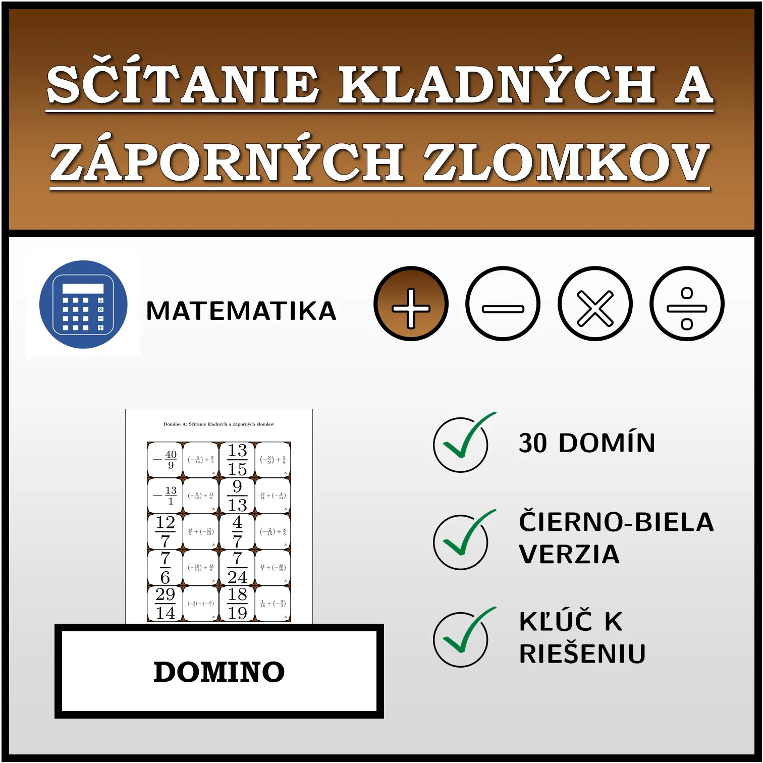 Domino: Sčítanie kladných a záporných zlomkov