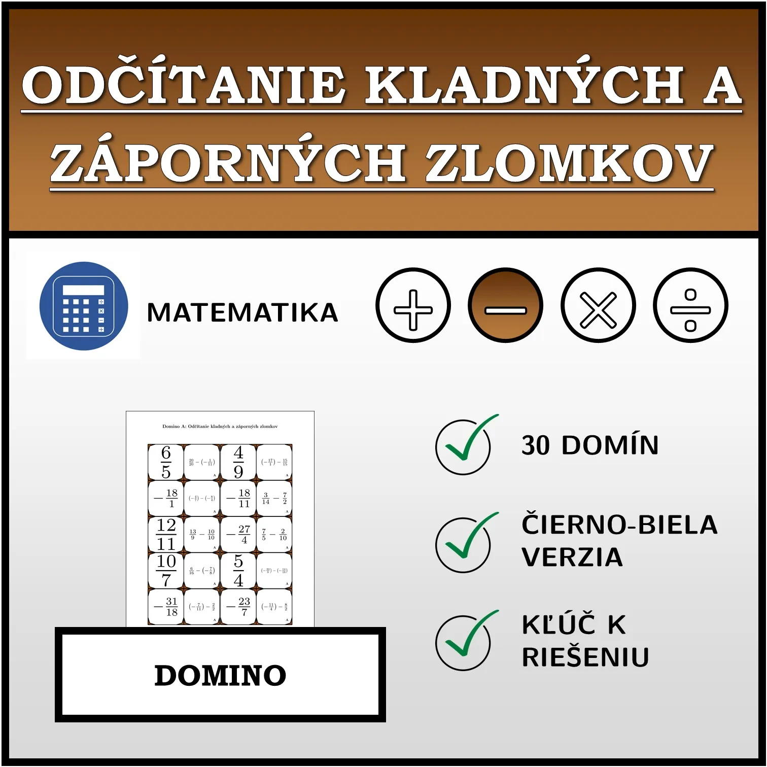 Domino: Odčítanie kladných a záporných zlomkov