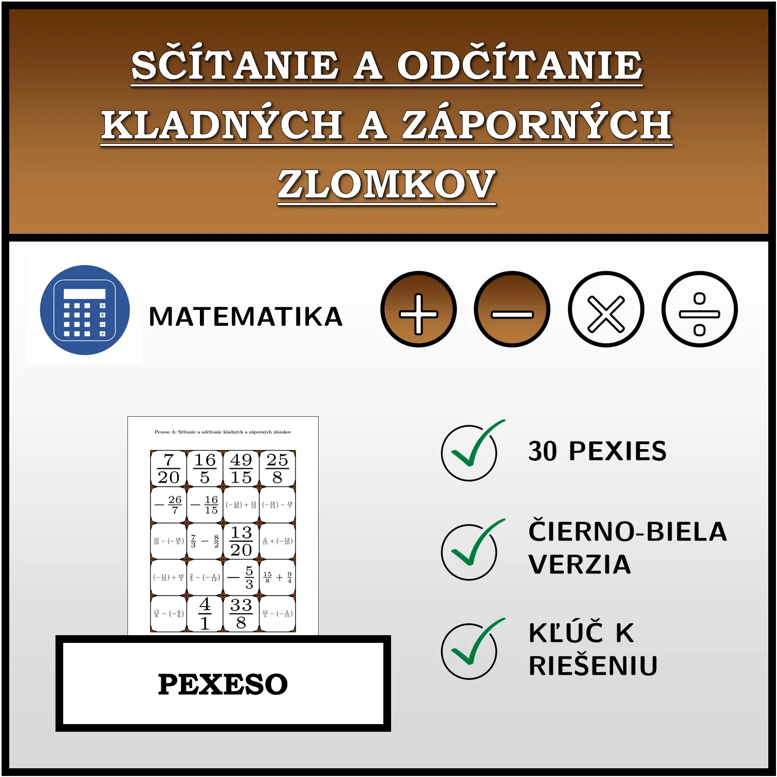 Pexeso: Sčítanie a odčítanie kladných a záporných zlomkov