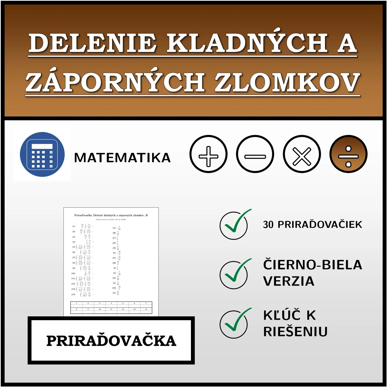 Priraďovačka: Delenie kladných a záporných zlomkov