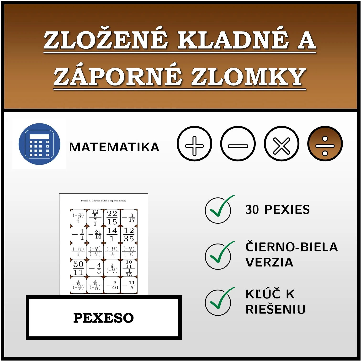 Pexeso: Zložené kladné a záporné zlomky