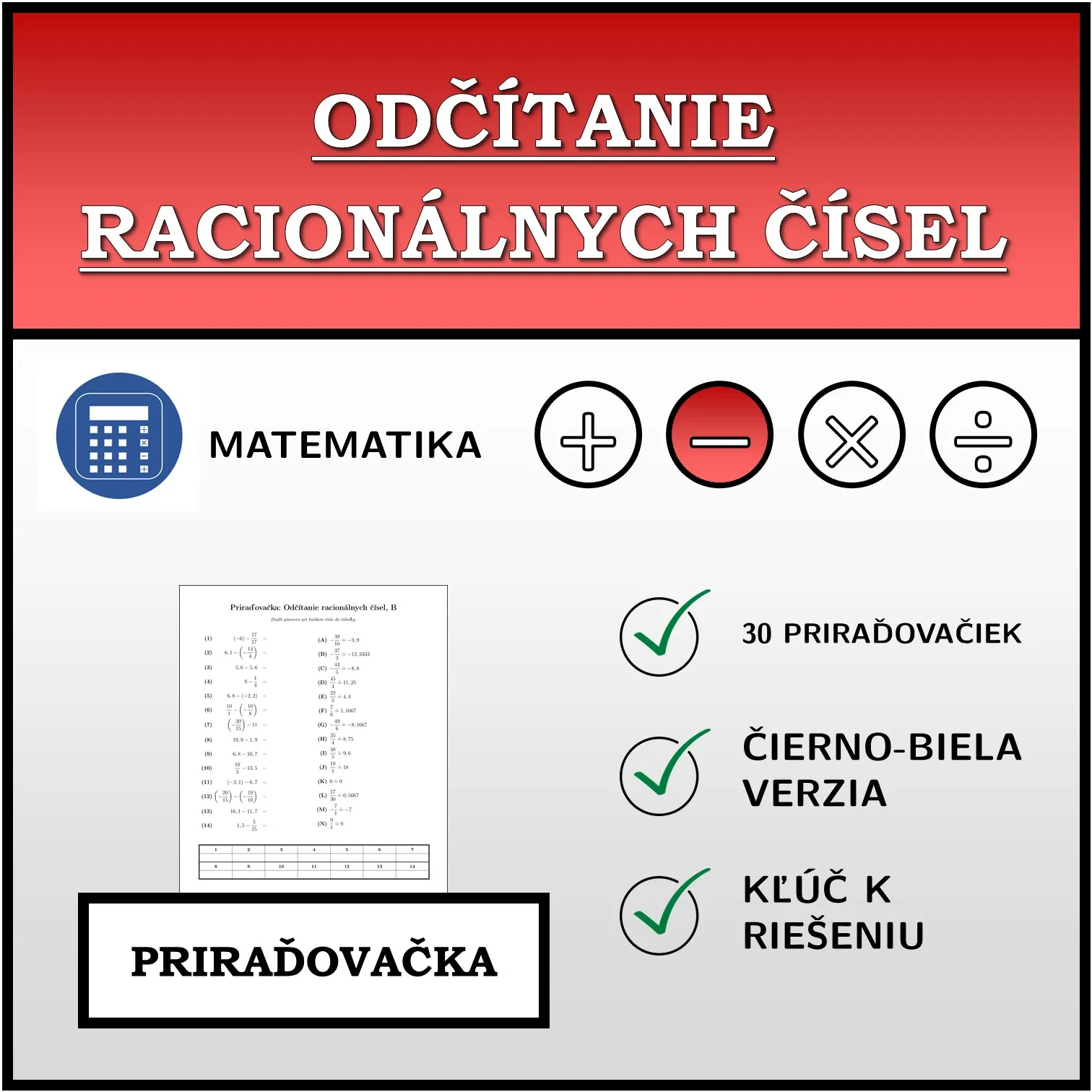 Priraďovačka: Odčítanie racionálnych čísel