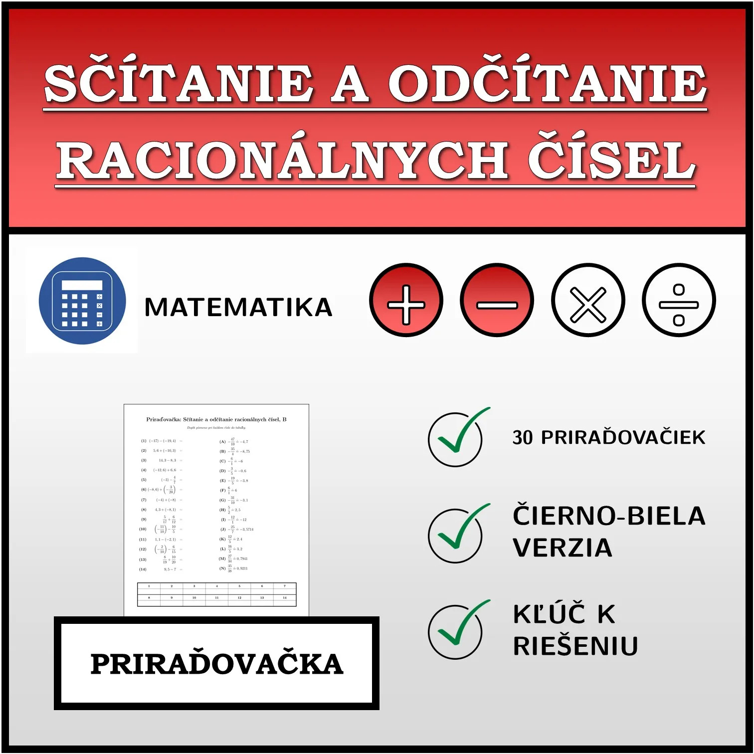 Priraďovačka: Sčítanie a odčítanie racionálnych čísel